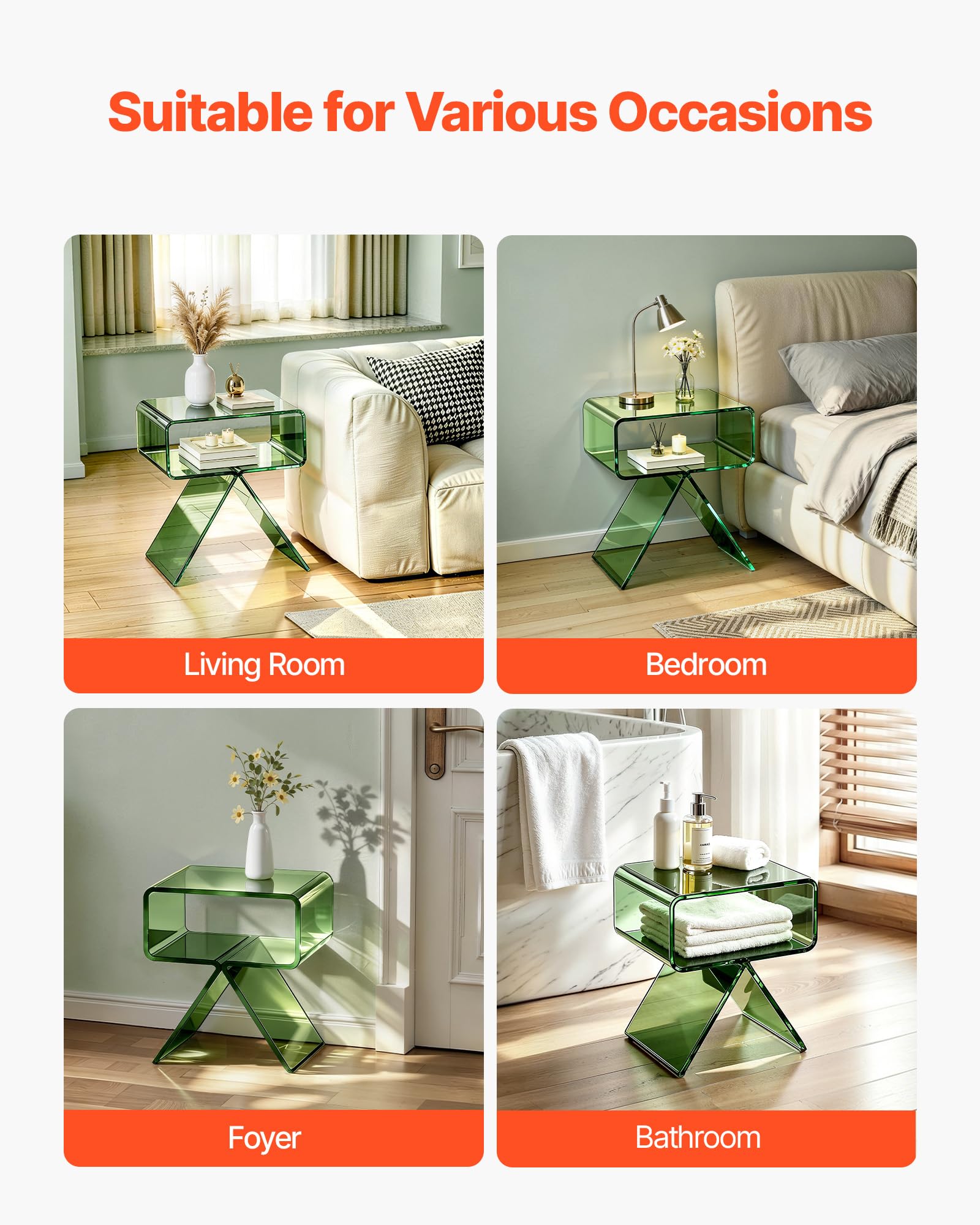 VEVOR Tavolino in Acrilico con Ripiano, Tavolo da Caffè per Soggiorno, Camera da Letto, Decorazione per la Casa, 30 x 39,1 x 43 cm, Moderno Tavolino da Divano Rettangolare in Acrilico, Verde