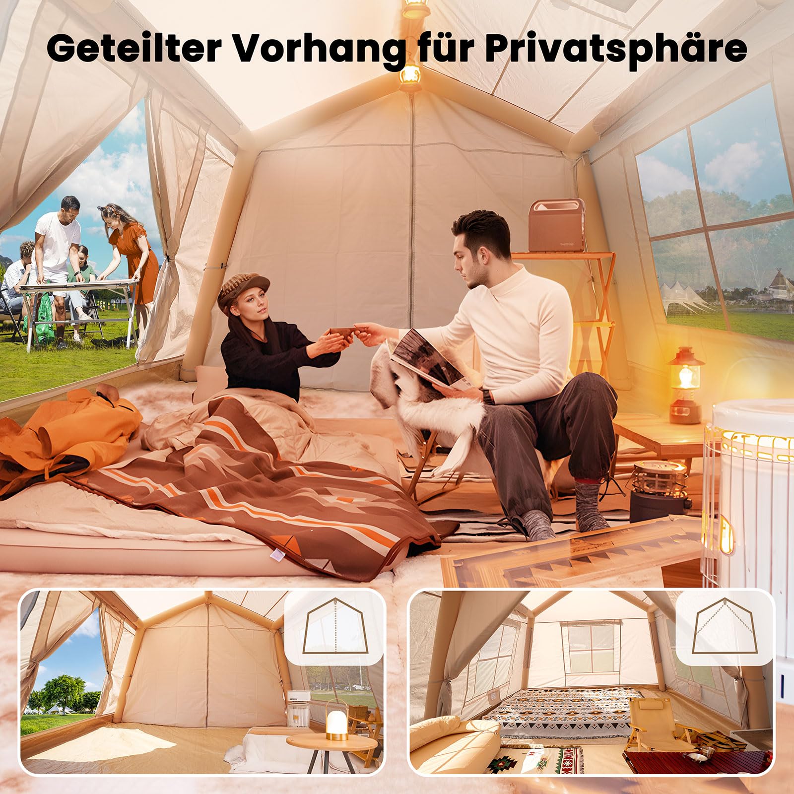 Ytaoeo Tienda inflable para acampar al aire libre | Con chimenea y apertura de puerto de CA, tienda de campaña inflable hecha de tela Oxford impermeable