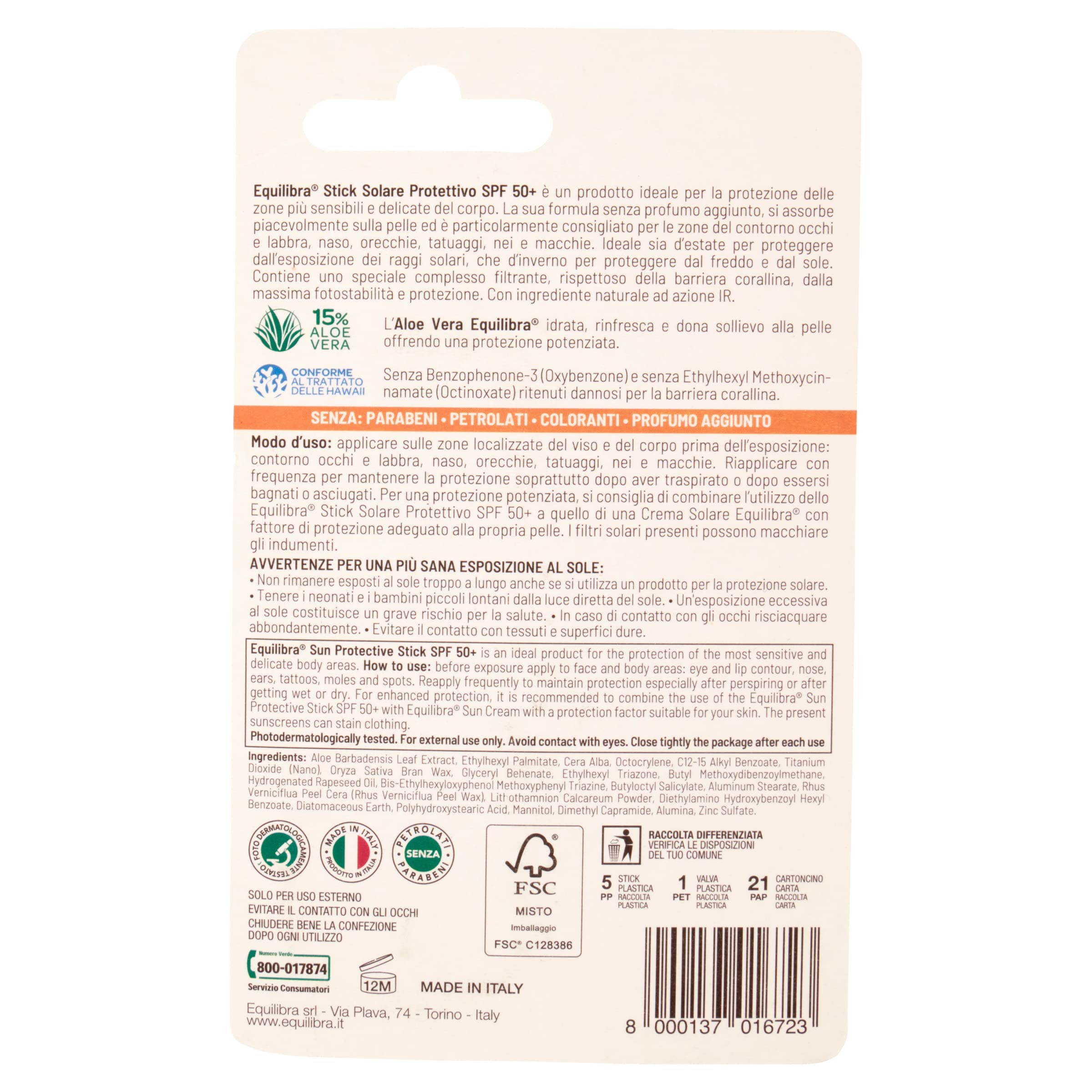 Equilibra Solari, Aloe Stick Solare Protettivo SPF 50+, Stick Solare a Base di Aloe Vera per Proteggere le Zone Sensibili, per Contorno Occhi, Labbra, Naso, Orecchie, Tatuaggi, Nei e Macchie, 12 ml
