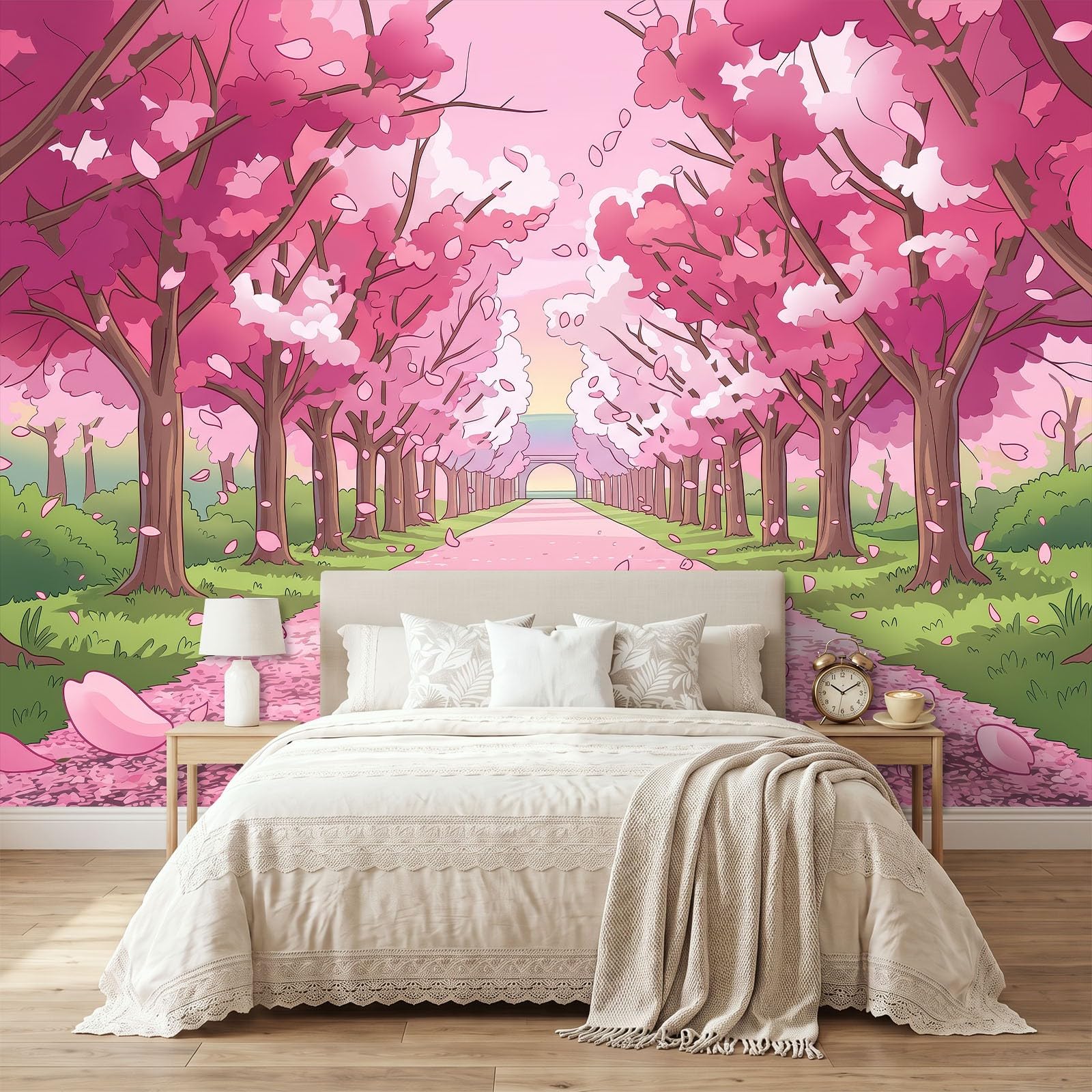 Panoramiczna tapeta z włókniny 300 x 210 cm animowany krajobraz, pokój dziewczęcy różowa aleja kwiaty wiśni fototapeta, do salonu dekoracja ścienna do pokoju dziecięcego