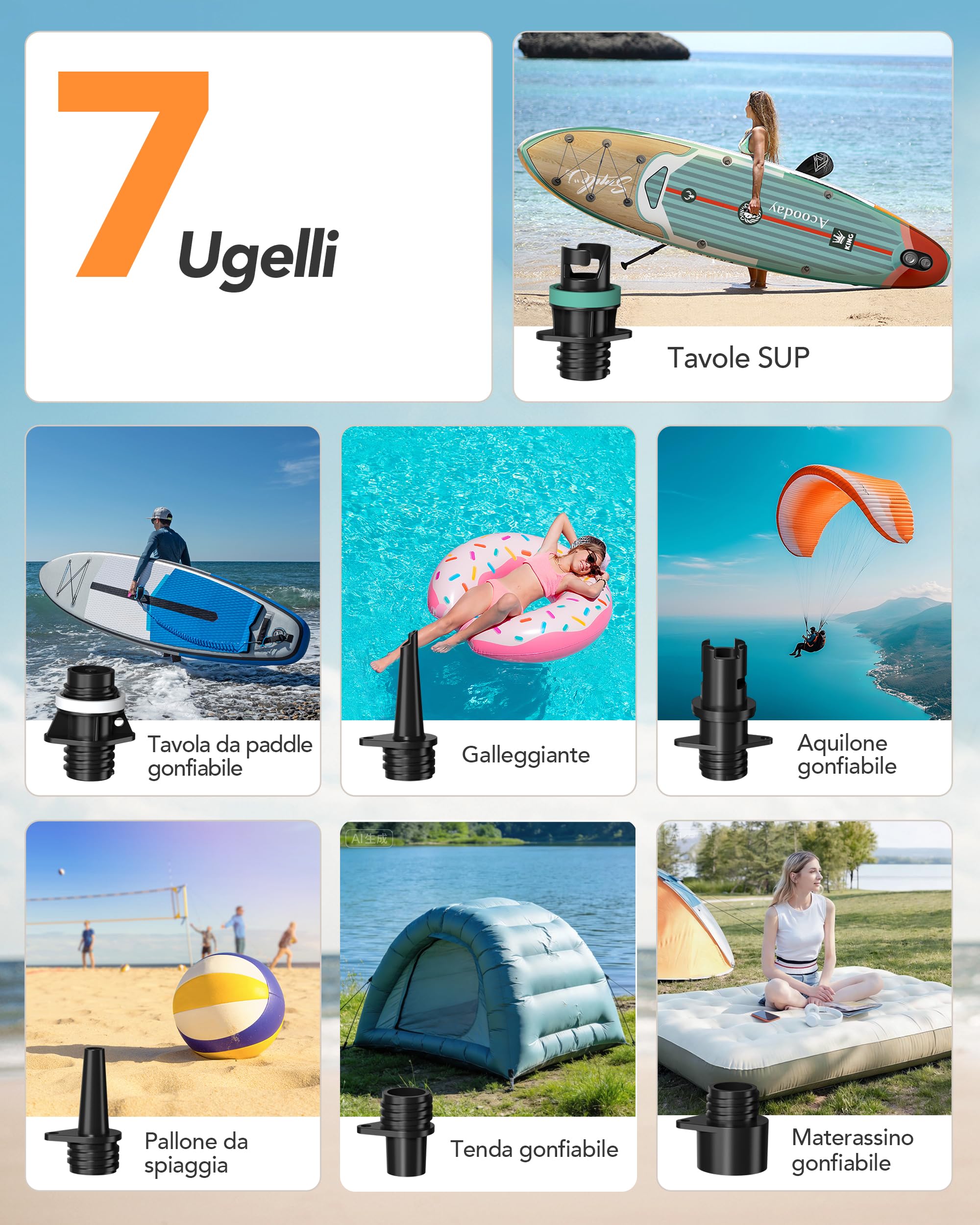 Accwork Pompa SUP Ricaricabile 20 Psi – Arresto Automatico, Gonfiare/Sgonfiare Pompa Batteria Elettrico Gonfiatore Materassi Gonfiabili, 7 Ugelli Per Sup, Canoa, Barca, Tenda, Kayak Gonfiabile