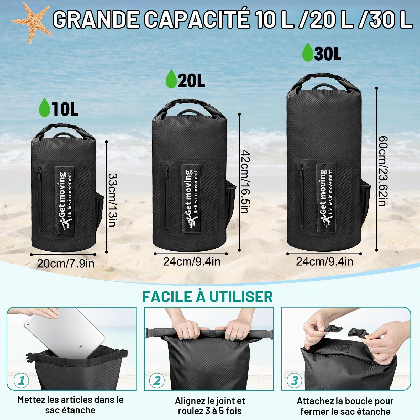 Sac à Dos Étanche 10L 20L 30L Sac Étanche Nautique Sac de Voyage Waterproof Dry Bag Roll-Top Sac Imperméable pour Kayak Pêche (10L,Noir(avec Pochette étanche pour téléphone Portable))