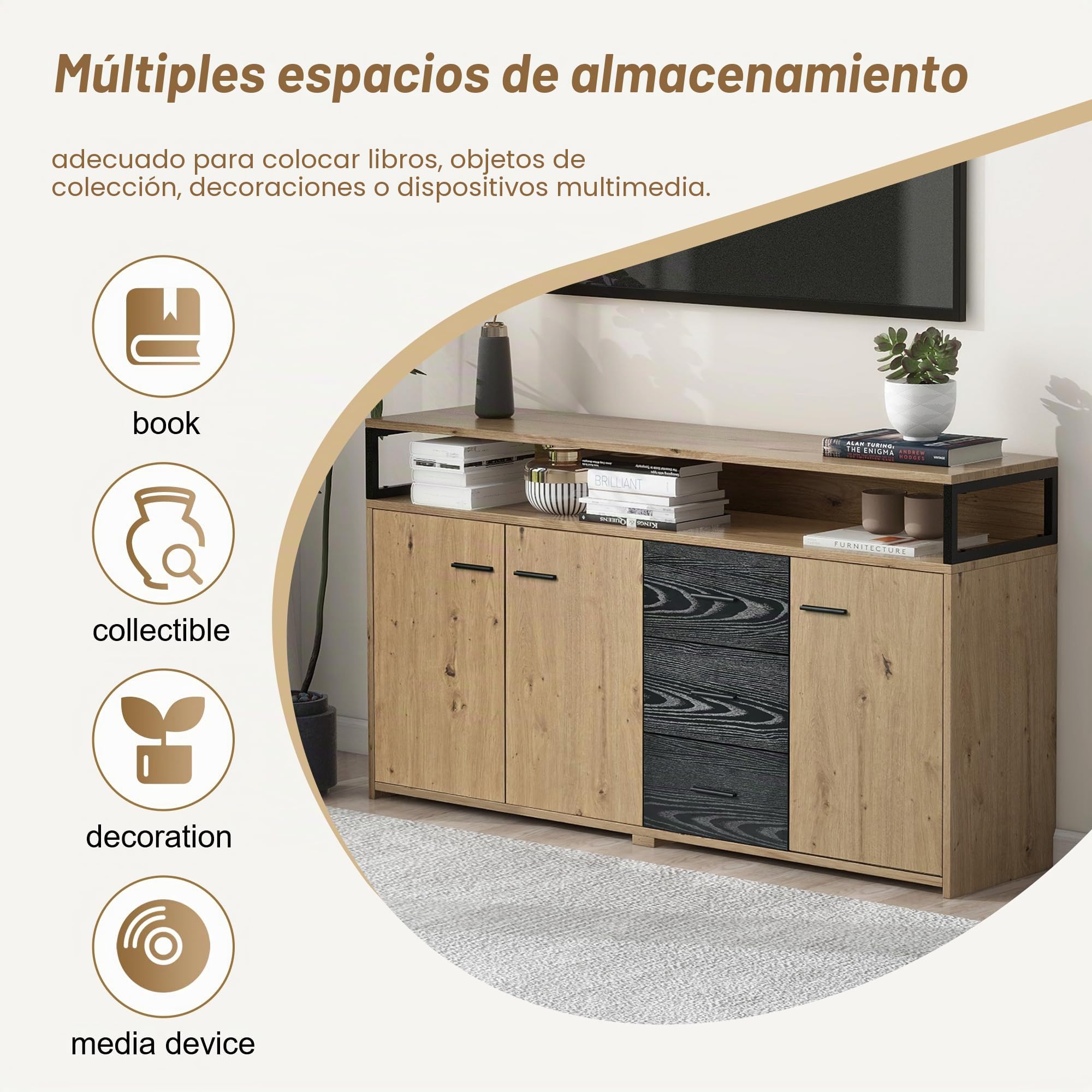 Aparador industrial de 150 x 35 x 75,9 cm con tres puertas y tres cajones, armario de cocina, armario multiusos con asas de metal para dormitorio, salón y oficina