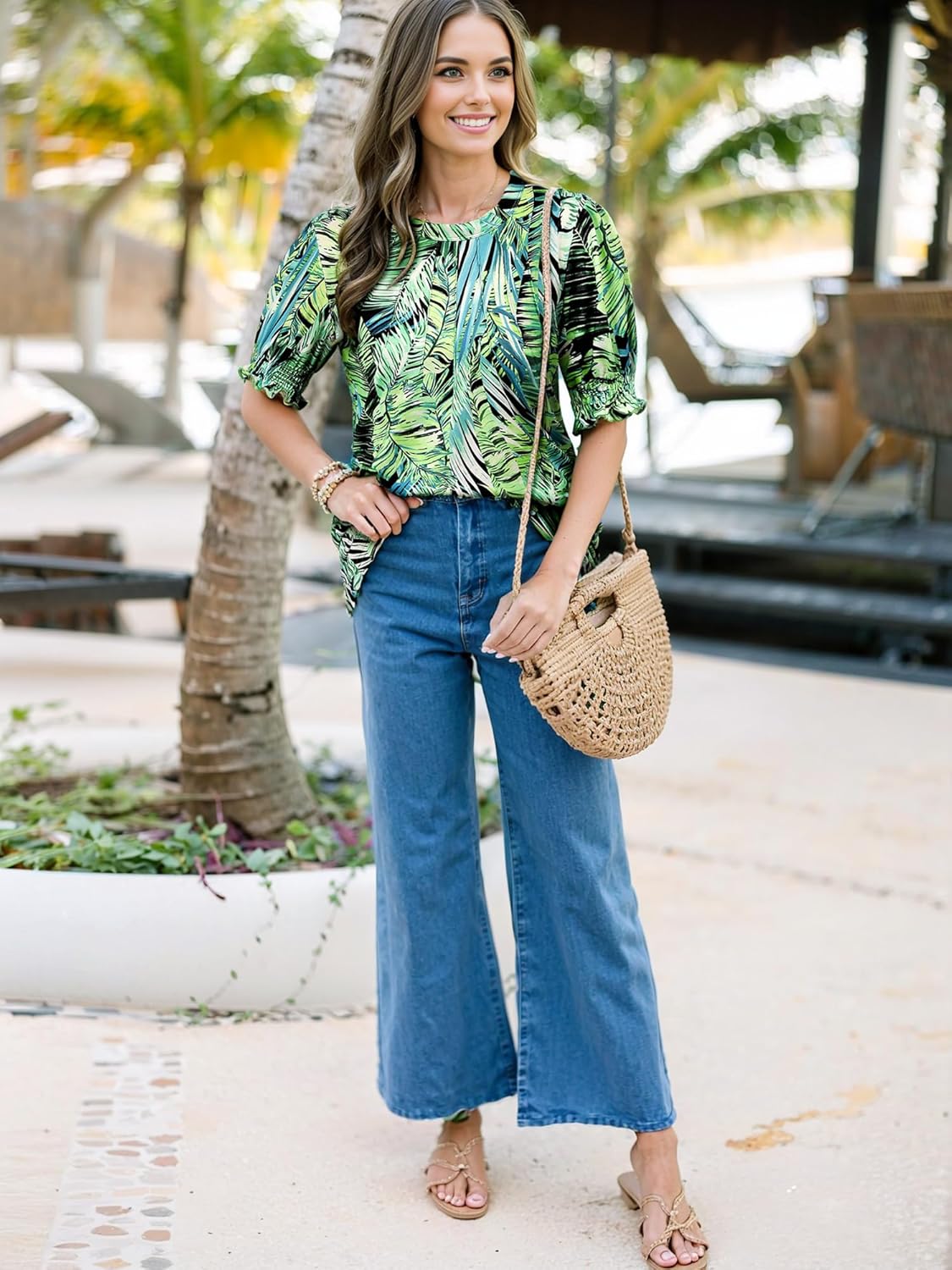 Ezcosplay Womens Hawaiian Shirt Puff Short Sleeve Tropical Print Outfits Casual Pleated Tops Summer Floral T-Shirt - Image 5