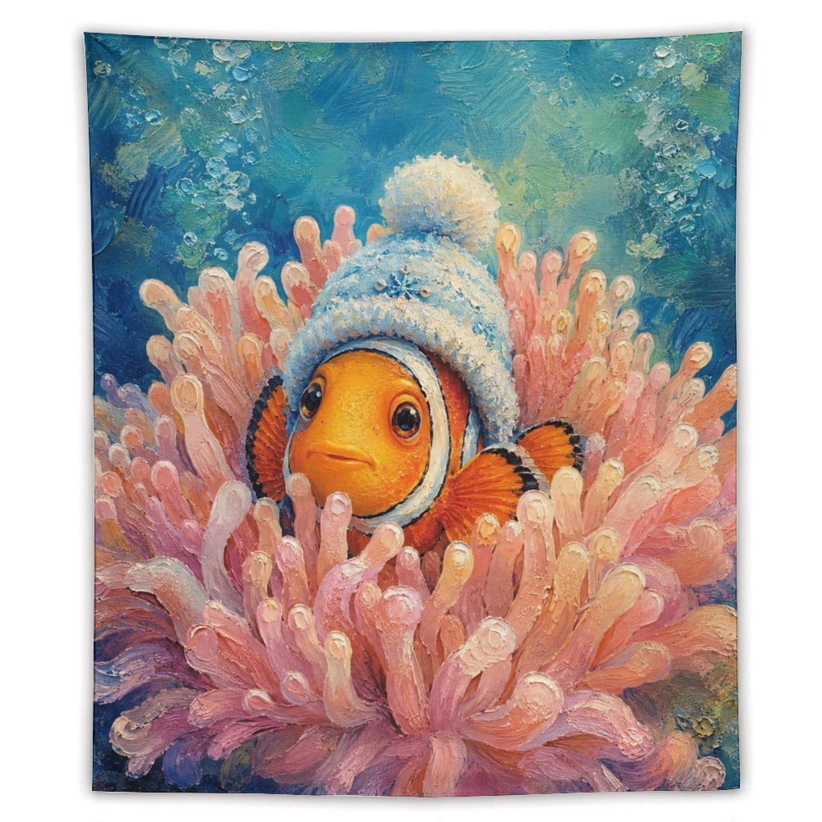W7C8U2X3 Clownfish Winter Beanie Wall Tapestry, Detailed Illustration