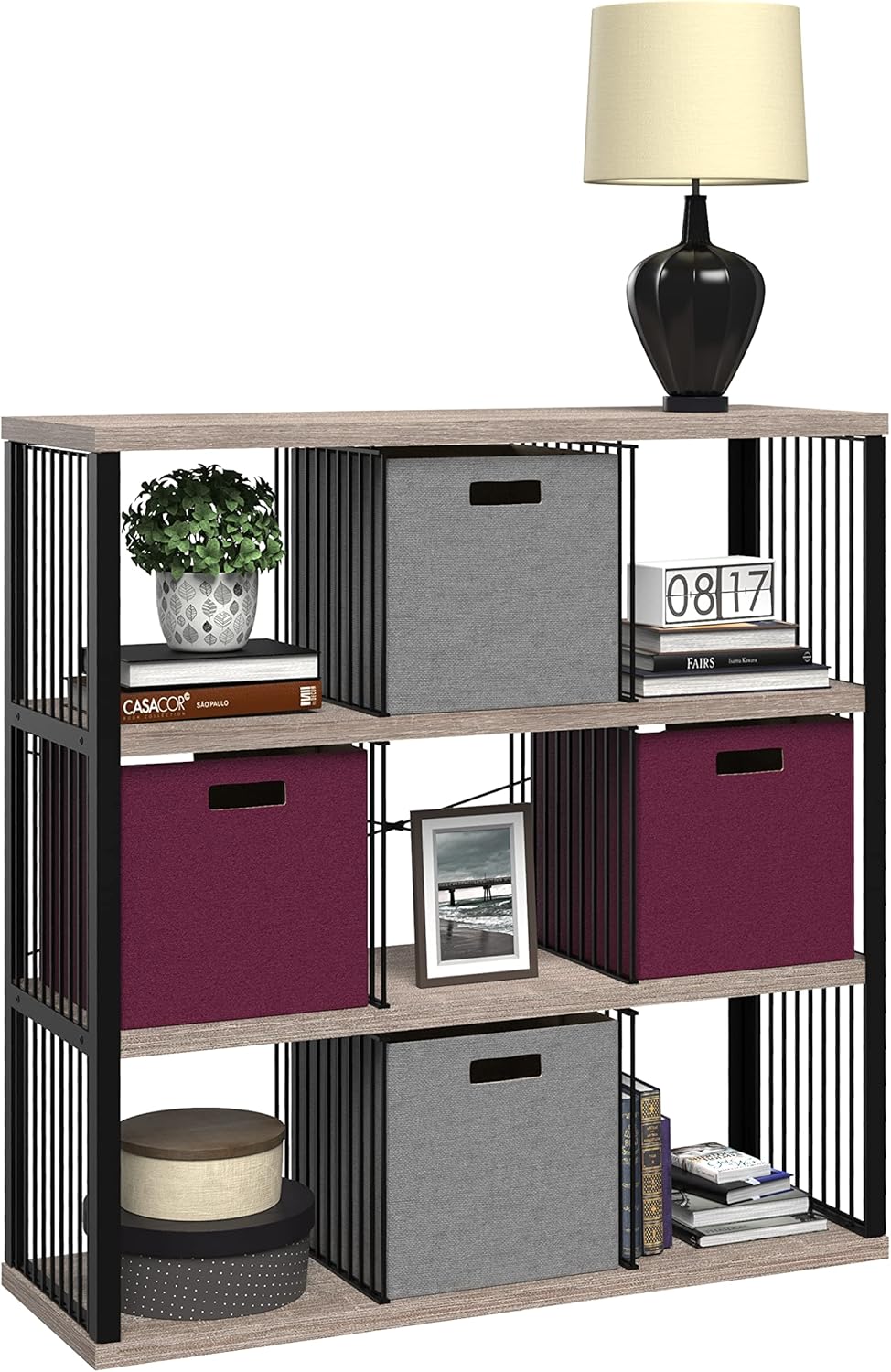 ClosetMaid 9-Cube Storage Organizer Bookshelf, Storage Shelf, Metal Frame, Wood Shelves, Easy Assembly, Black/Weathered Gray