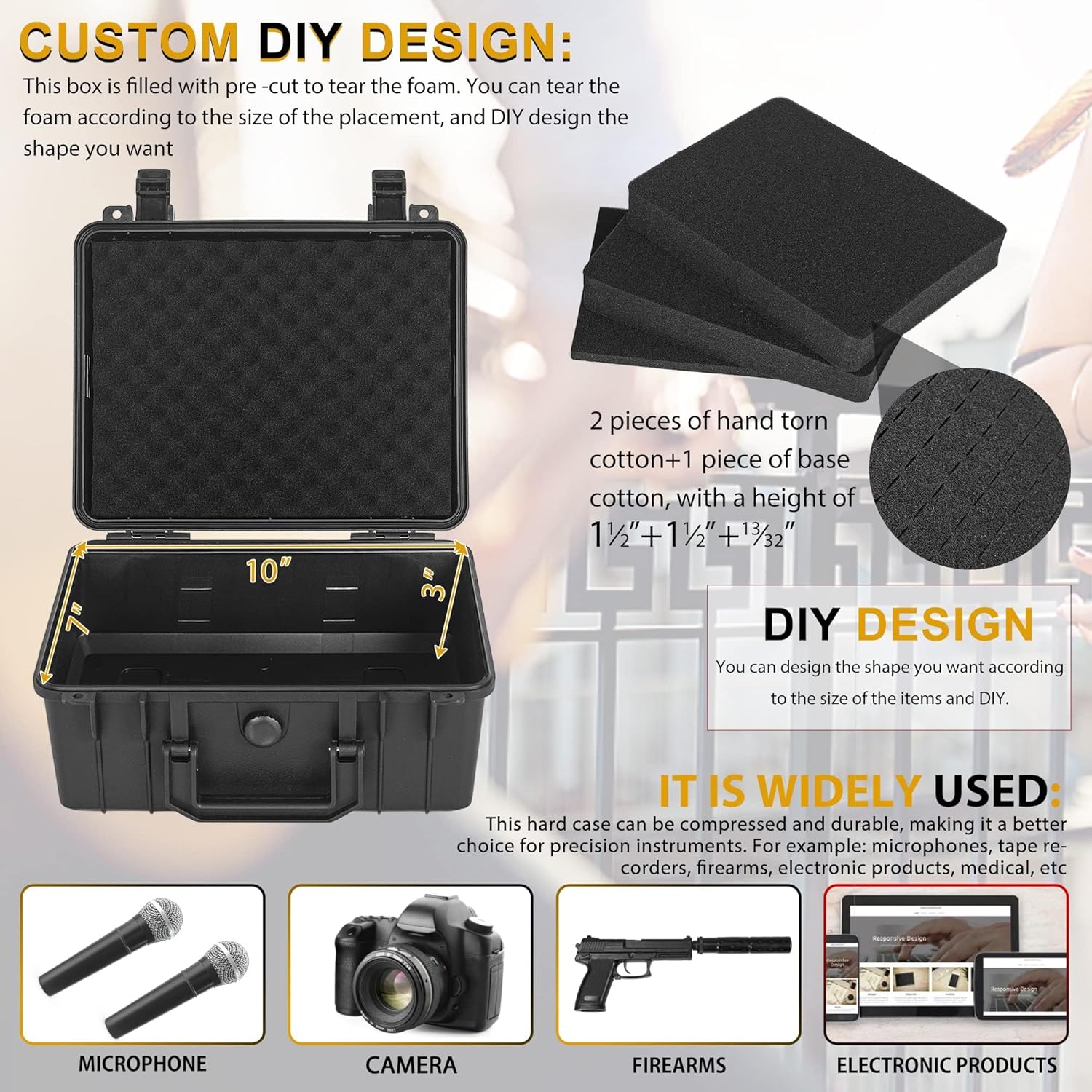 Protective Hard Case Shockproof Water-resistant with Customized DIY Foam Insert fit for Camera, etc, 11 X 9.5 X 5-Inch - Image 3