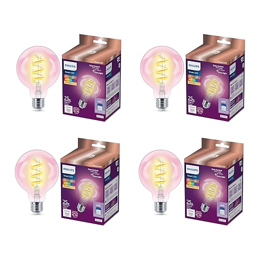 Philips Smart Vintage Amber G25 25W Color Filament LED Smart Bulb 4 Pack - E26 Indoor -Connect to Your Wi-Fi - Control with Voice or App - Powered by WiZ Connected