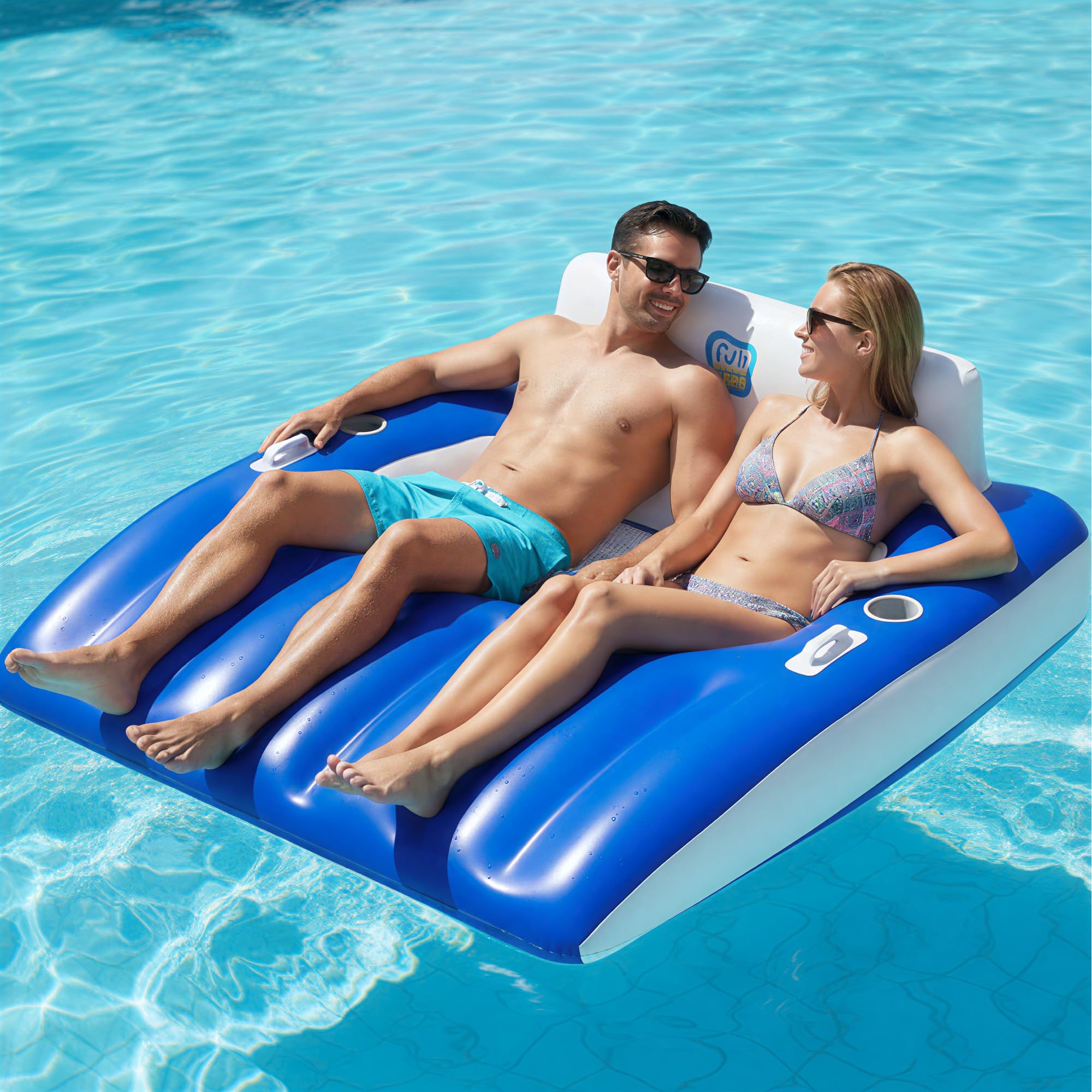Photo 1 of Funscape Inflatable Pool Lounge Floats Adult, Large Swimming Pool Sofa Floaties, Beach Tanning Recliner Floating Mesh Chair Cup Holder, Blow Up Lake River Floaty Tube, Summer Water Party Toy-Blue-XL