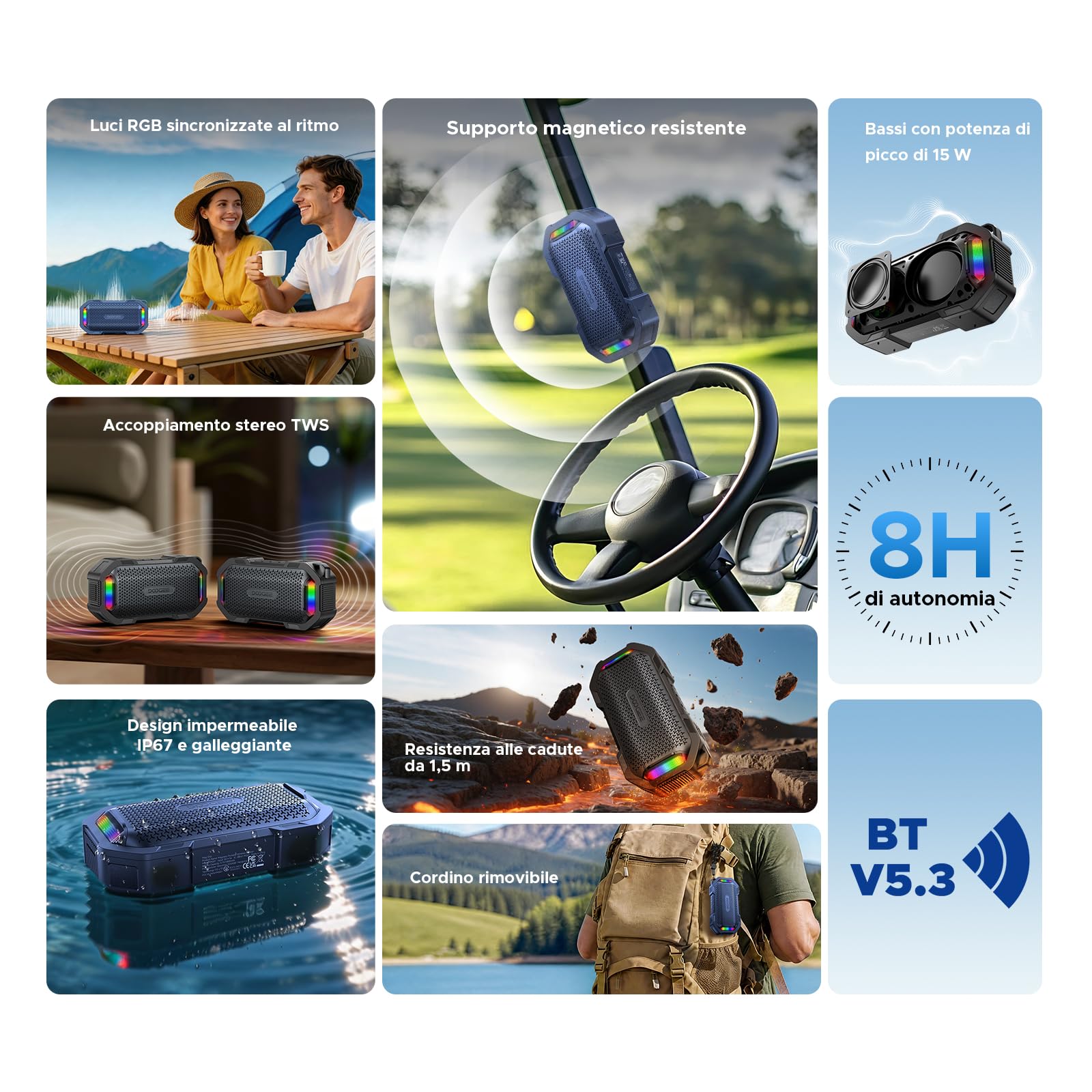 Cassa Potente Portatile con Luce RGB, IP67 Impermeabili Fissaggio Magnetico Altoparlante Wireless Portatile, 10W Resistente alla Polvere e all'acqua, 8 Ore, BT5.3, Accoppiamento Stereo TWS