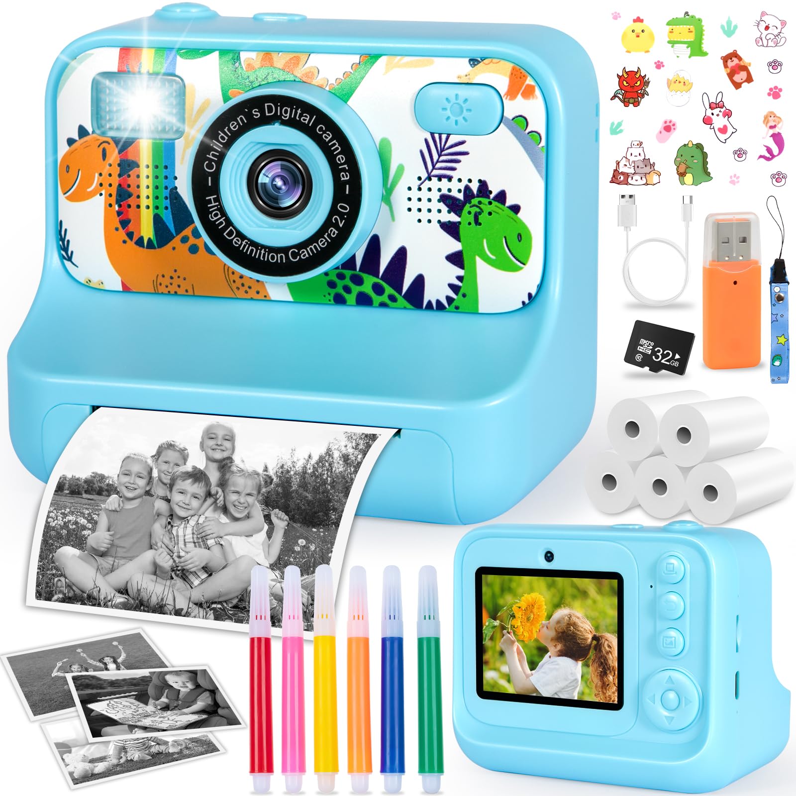 TEBOKHAD Cámara Instantánea Niños, 1080P 2,4'' HD Camara Fotos Infantil Instantanea Con 32gb Tarjeta, Bolígrafos De Colores Y Papel De Impresión, Camara Fotos Infantil Regalo Para Niños De 3 a 12 Años