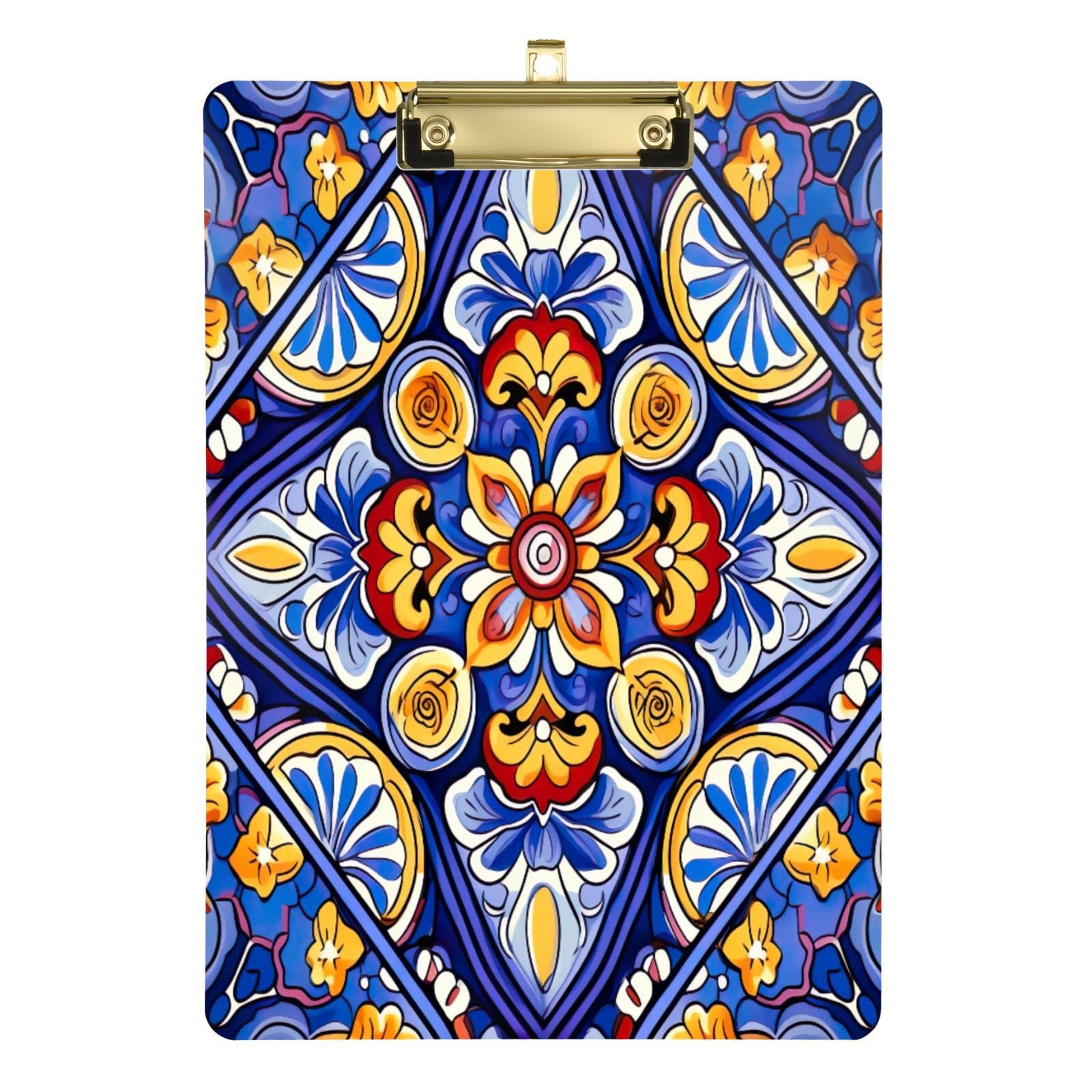 ATTX Mexican Ceramic Tile Design Decorative Clipboard with Low-Profile Gold Clip - Multi-Purpose School, Office, Nurse, Art Supplies Board - 9x12.5