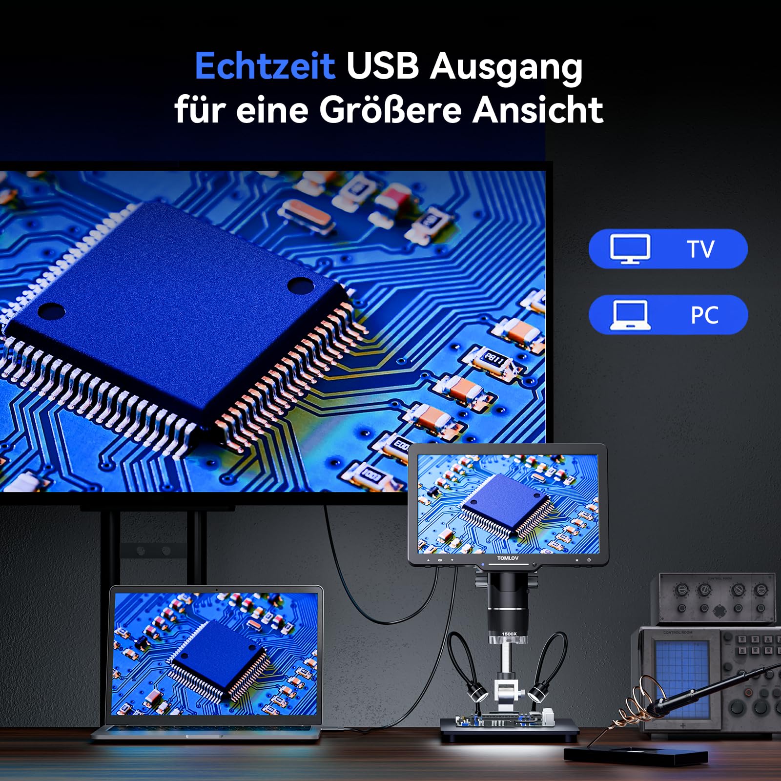 TOMLOV TriL110 10,1" IPS Mikroskop mit 3 Objektiven, Lötmikroskop mit LED | Drehbarer 3-Objektivwechsel, 2K Videos & 24MP Fotos Aufnehmen, 2500X, Ganze Münzen, 14 LEDs, PC/TV-Kompatibel