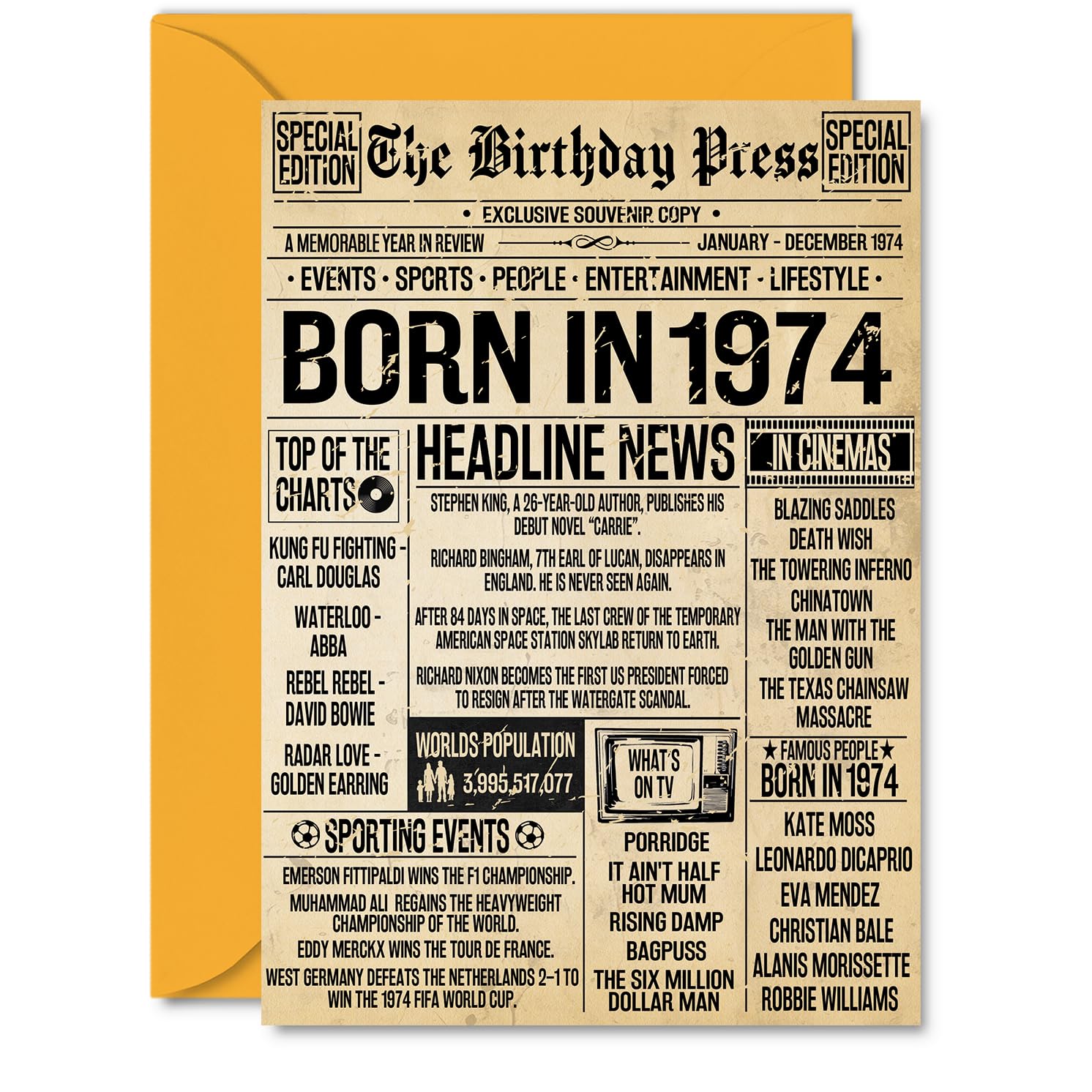 52nd Birthday Card for Men Women - Bday Press Newspaper 1974 - Happy 52 Birthday Cards for Auntie Grandma Friend Brother Daughter Sister, A5 Bday Greeting Cards