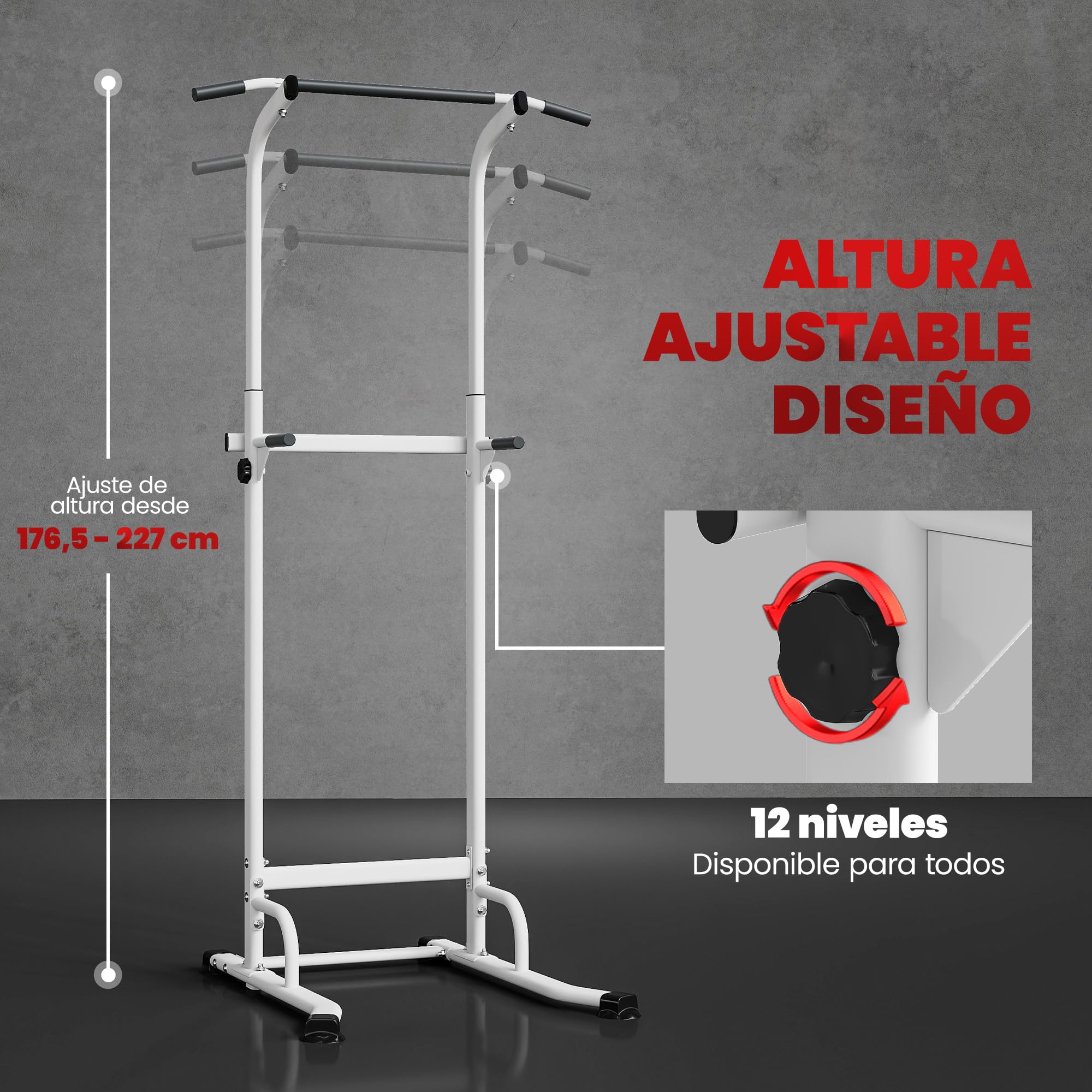 SPORTNOW Barra de Dominadas Altura Regulable 176,5-227 cm, Estación de Fondos Resistente para Gimnasio en Casa, Máquina Dominadas Multifuncional, para Entrenamiento de Fuerza, Carga 120 kg