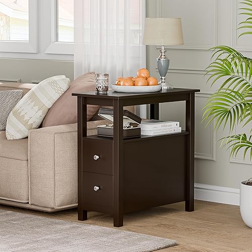 Miniatura 4 de ZENY Juego de 2 mesas auxiliares, mesa auxiliar estrecha con estante de almacenamiento y cajones, mesa auxiliar pequeña para dormitorio, sala de