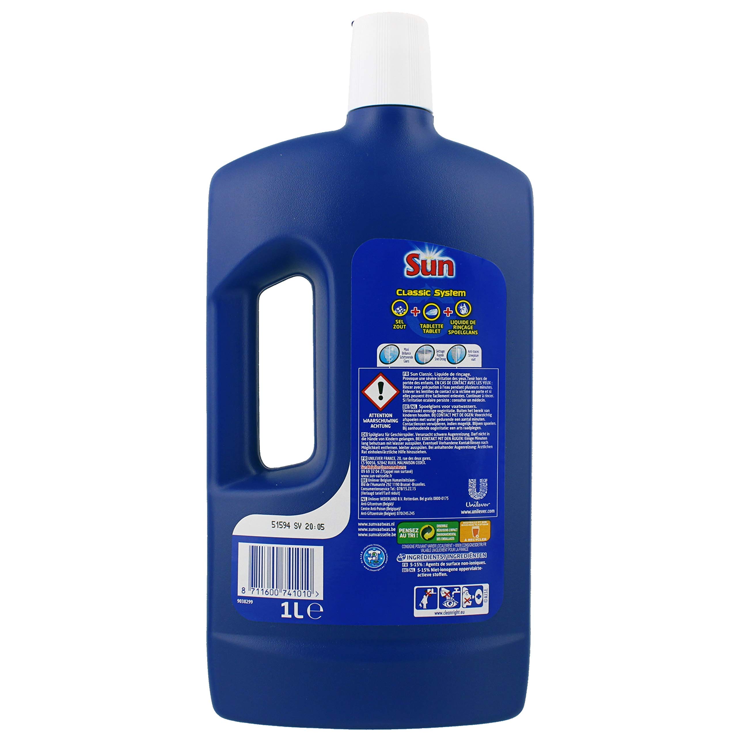 Sun Liquide de Rinçage Lave-Vaisselle Classic Triple Action, Elimine les traces et dépôts, Brillance maximale, Vaisselle impeccable, Lot de 2 x 75 Lavages