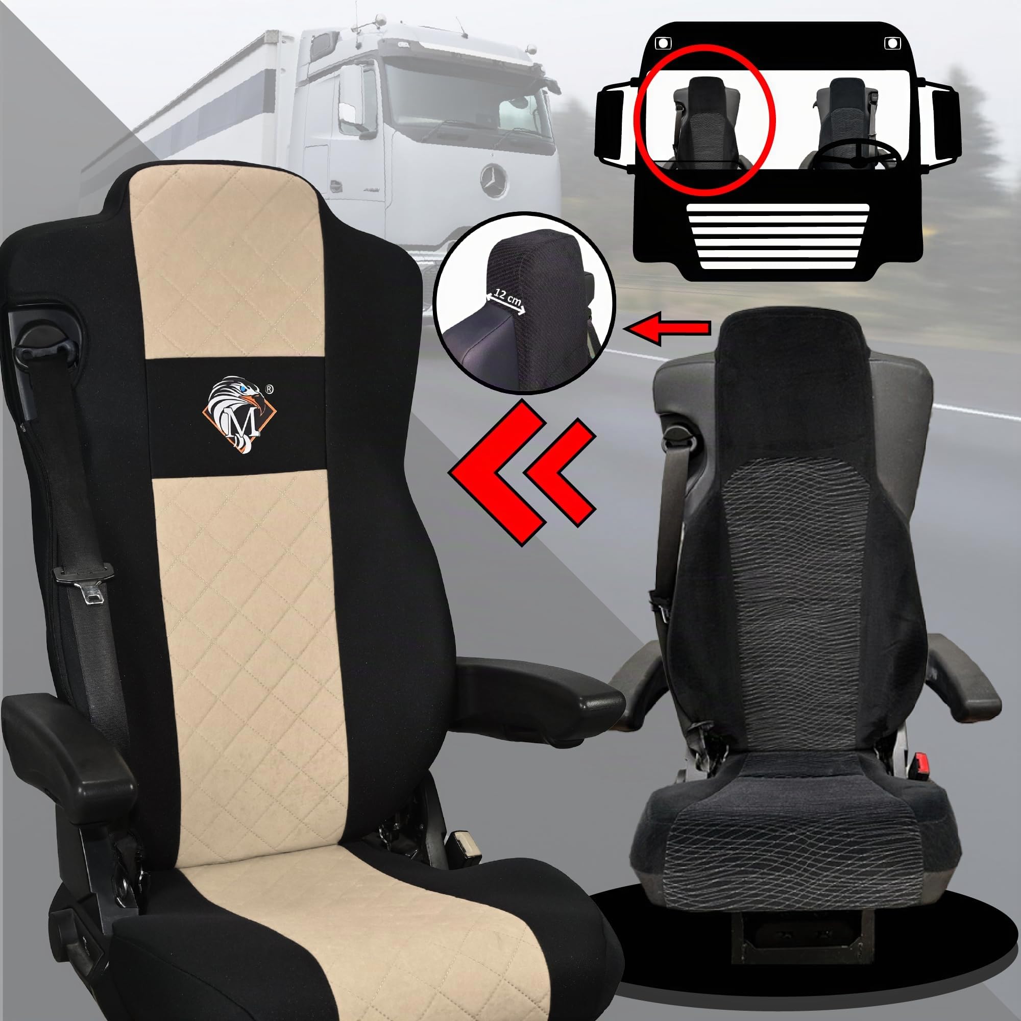 SABA Coprisedile per MERCEDES ACTROS L dal 2022, 2 cinture di sicurezza, sedili tipo aereo, sedile passeggero non sospeso Beige Accessori di Protezione per Sedili di Camion