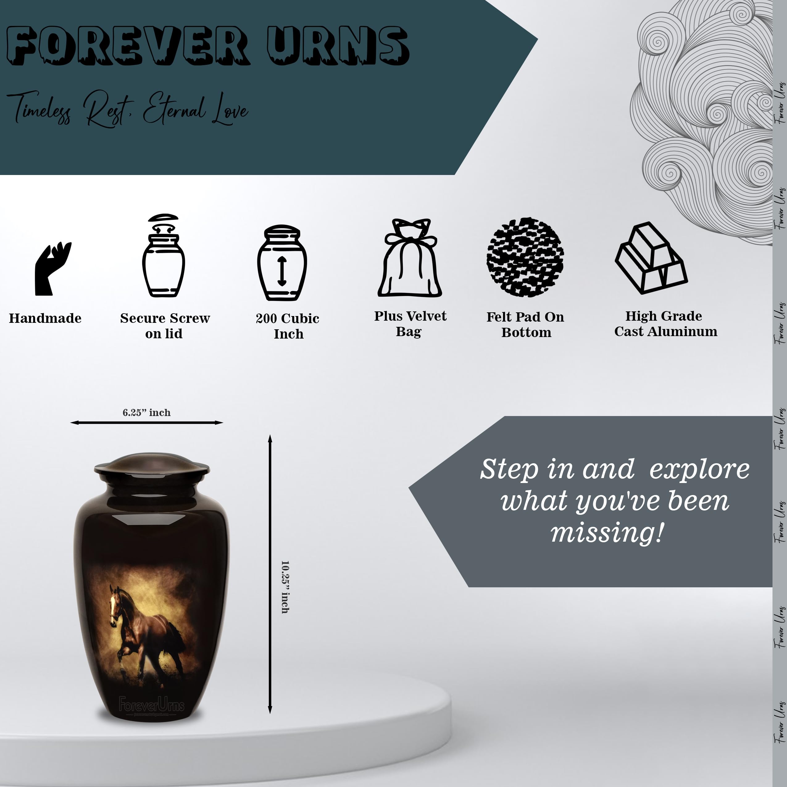 Forever URNS Adult Cremation Funeral Urn with Printed Horse Running in Desert Theme for Human Ashes of Female & Male | 200 cu in | Large | Brown | Completely Handcrafted with Velvet Protection Bag
