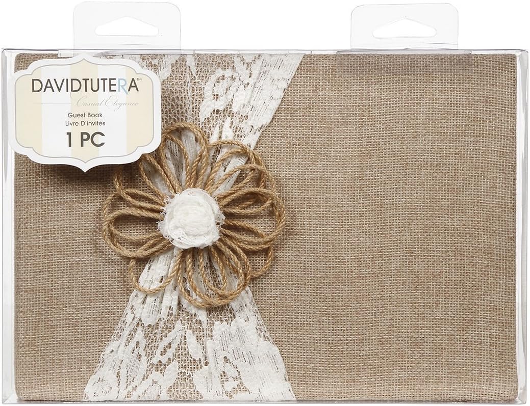 Darice David Tutera Burlap and Lace Guest Book – Natural Burlap Embellished with Cream Lace and Jute Flower – Gilded Pages – Adds Rustic Charm to Wedding or Event – Cream Interior Pages, 9” x 6-1/2”