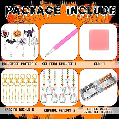 Miniatura 3 de Tradder 6 piezas de manualidades de Halloween para adultos, pintura de diamantes de imitación, campanillas de viento fantasma, campanas de arte de