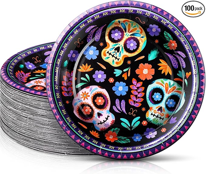 100 Pcs Dia De Los Muertos Paper Sugar Skull Plates 7 Inch Disposable Cake Dessert Dinner Plates for Halloween Day of The Dead Fiesta Party Decorations Supplies(Purple)
