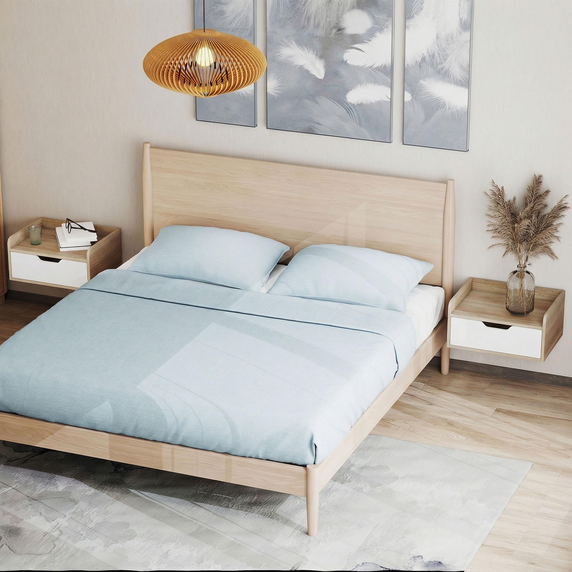 HOMCOM Lot de 2 Tables de Chevet murales, Tables de Nuit suspendues avec tiroir et Plateau à rebords surélevés, Style Moderne, pour Chambre à Coucher, Salon, 40 x 30 x 19,5 cm, Blanc et Bois Naturel