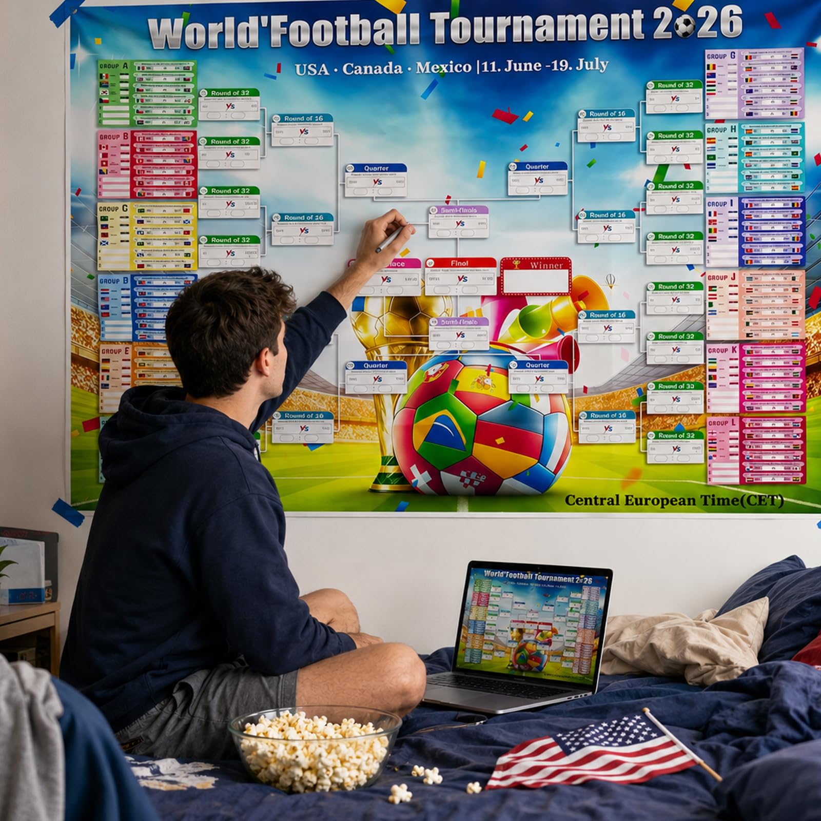 Affiche du Calendrier de la Coupe du Monde de Football 2026, 150 x 100cm, 48 Pays
