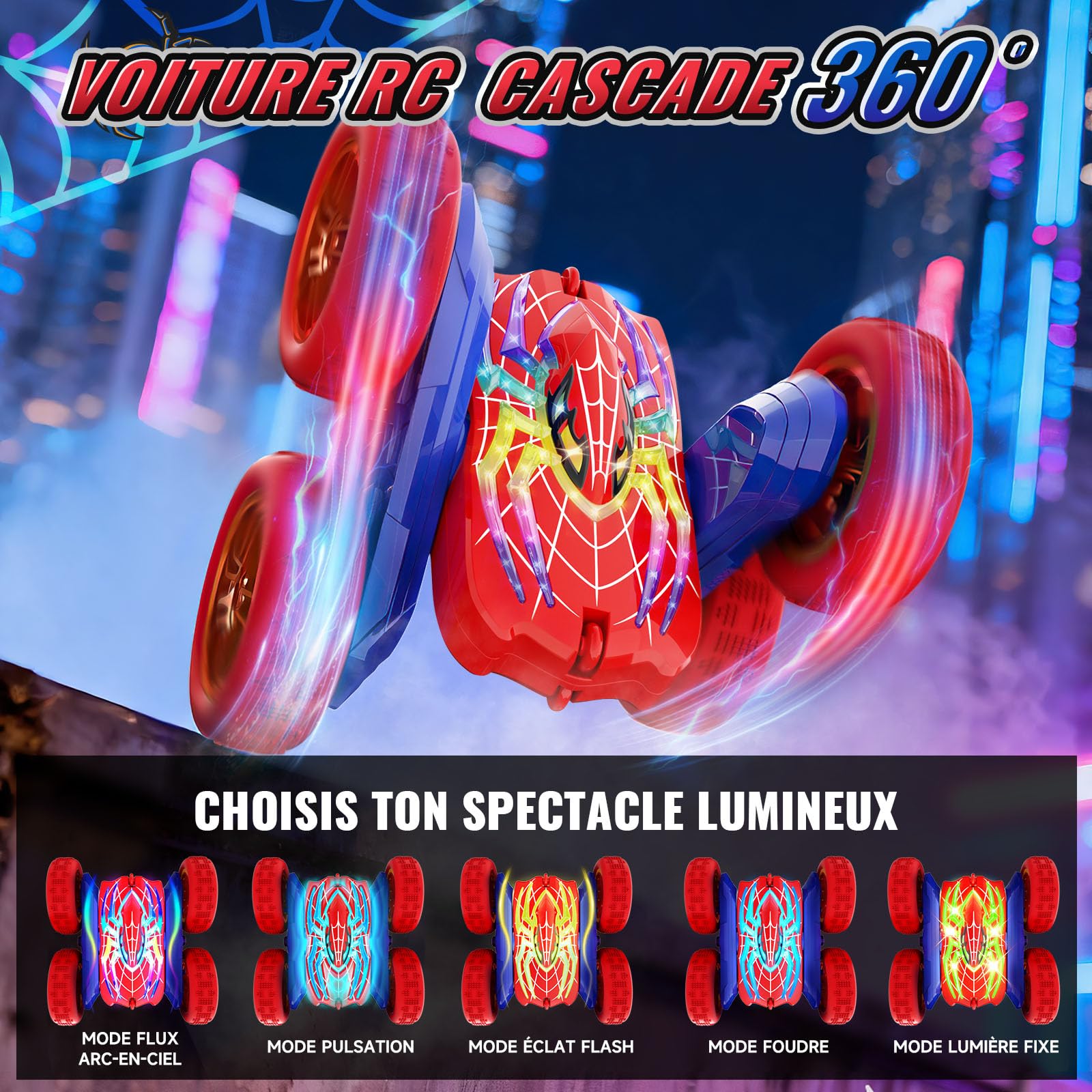Voiture Telecommandé Enfant, 2.4Ghz 4WD 360° Rotation RC Stunt Monster Truck, 5 Modes Lumineux, Jouet Garçon 3-12 Ans, Cadeau Anniversaire Noel Jeux Intérieur Extérieur 4 5 6 7 8 9 10 11 12 Ans