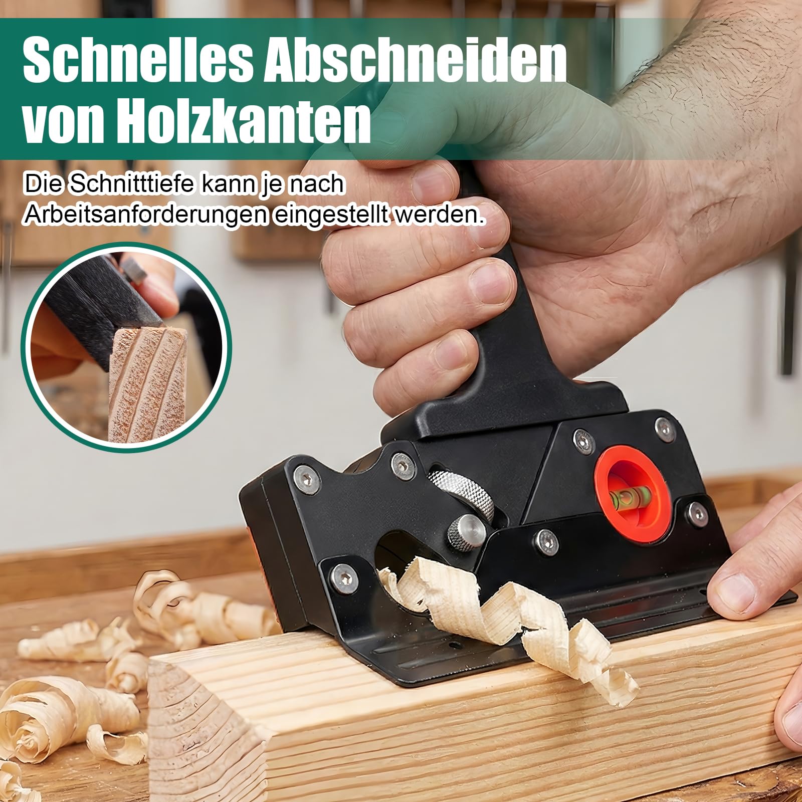 HYCHIKA Hobel Holz, Holz Kantenhobel für Holz, Fasenhobel für Holzbearbeitung, Kantenhobel mit 4 Schneidköpfen 45°/3/5/6mm, Ortungsblasen, Einhandhobel für Holzbearbeiter, Tischler, Schreiner