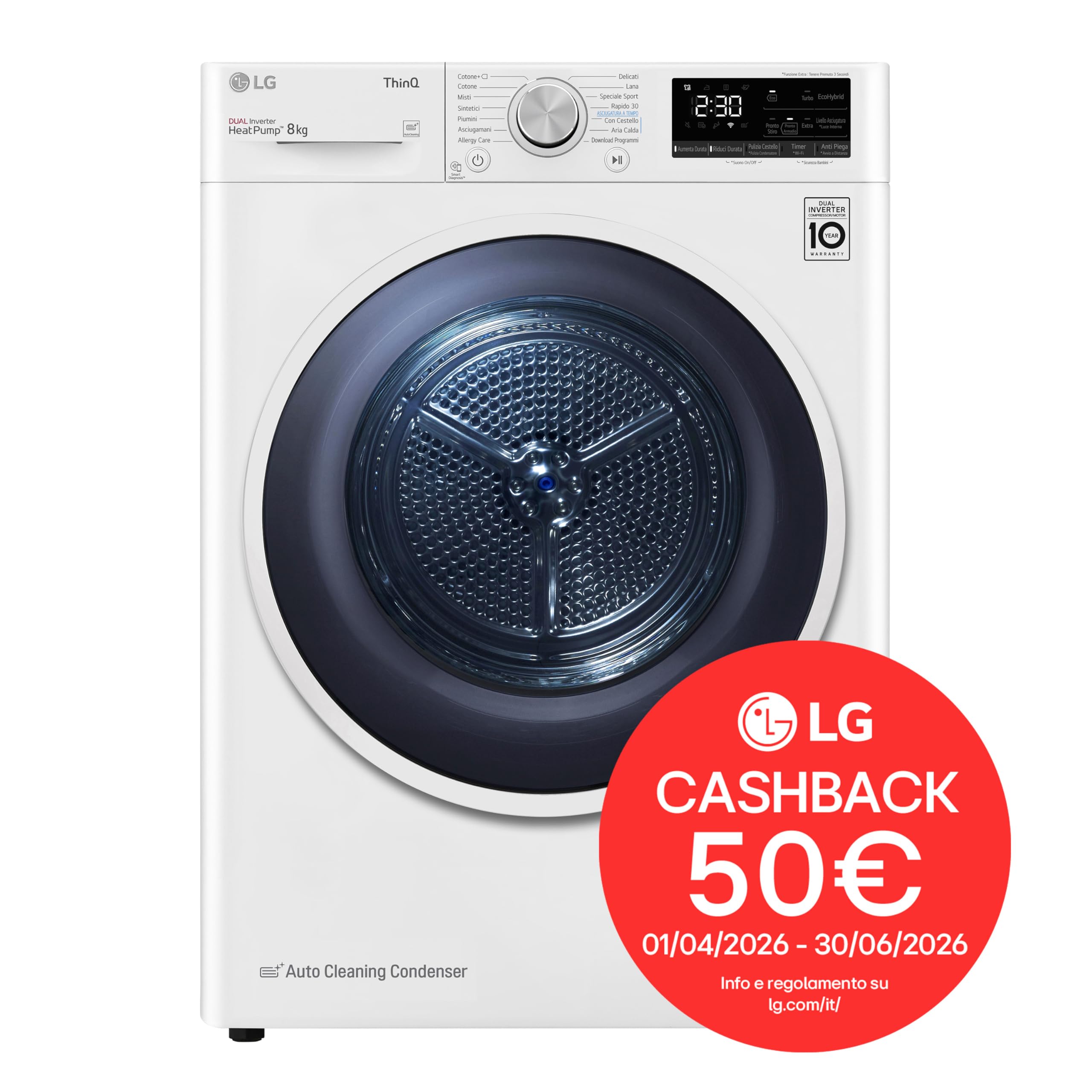 LG RH80V9AVHN Asciugatrice Smart a Carica Frontale 8 Kg, Classe C, Condensazione con Pompa di Calore, Wi-Fi con SmartThinQ, Eco Hybrid, Allergy Care, 60 x 69 x 85 cm - Bianco