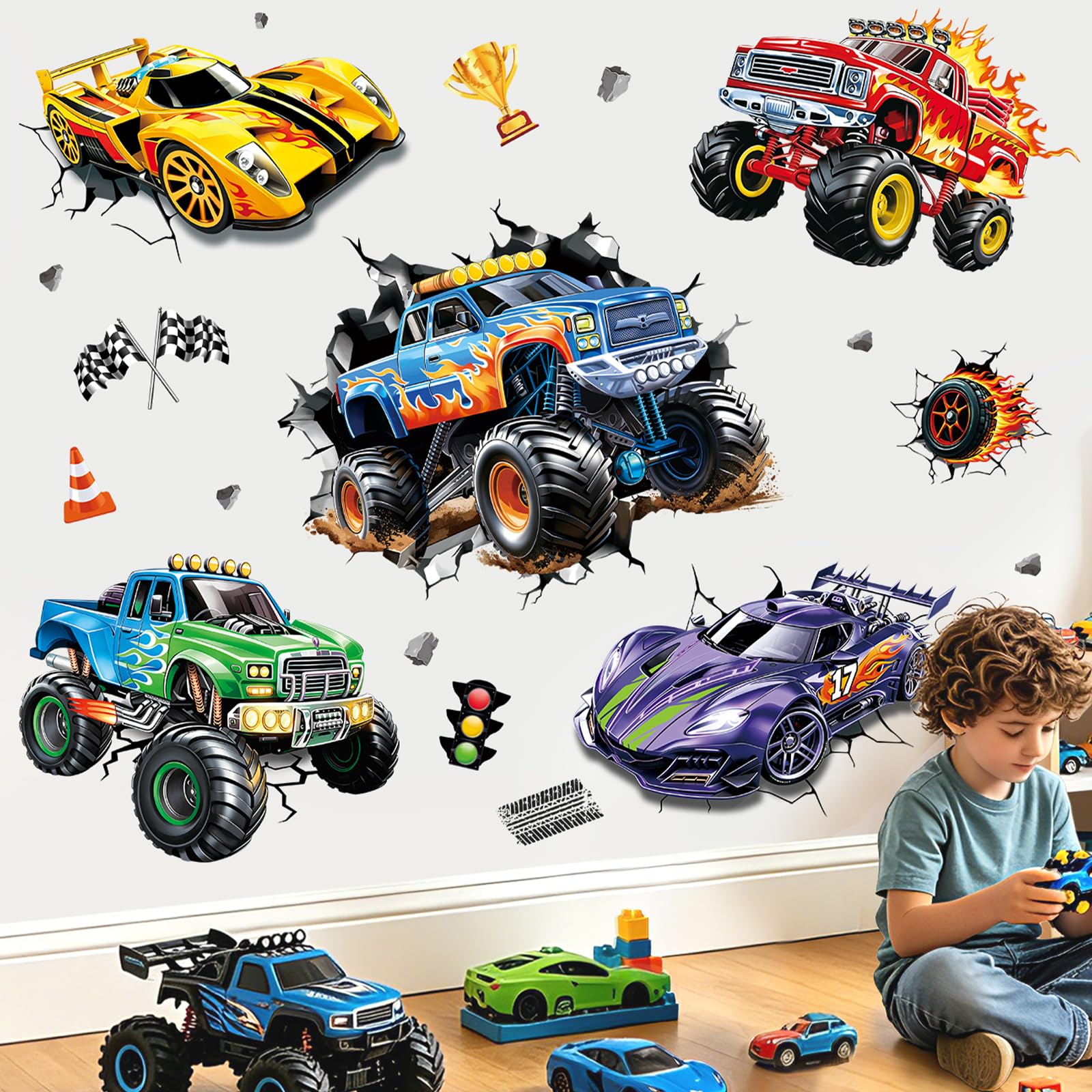 wondever Racing Car Wall Stickers Truck Vehicles Breakthrough 3D Peel and Stick Wall Art Decals for Boys Room Kids Bedroom Playroom