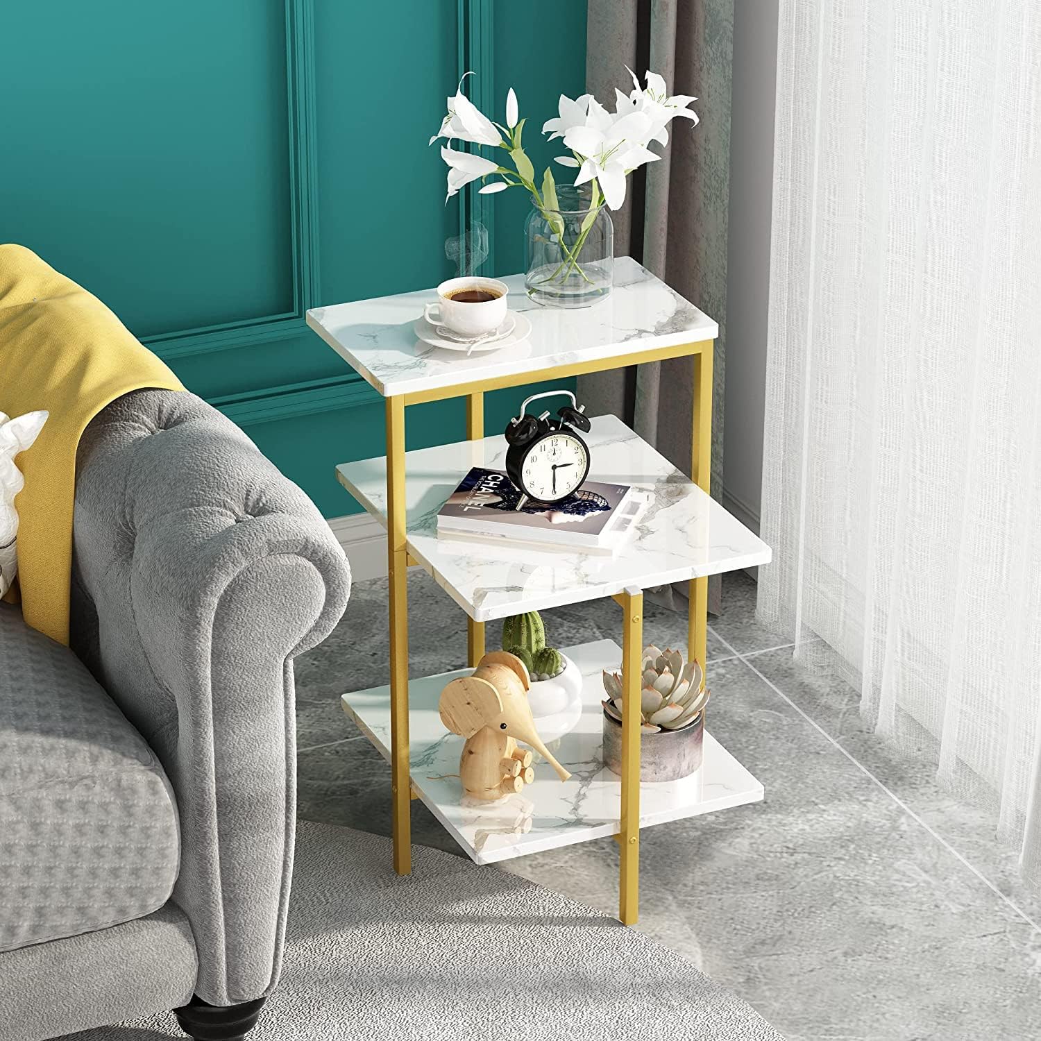 Lamerge Small End Table,3Tier Gold Side Table,Rectangle