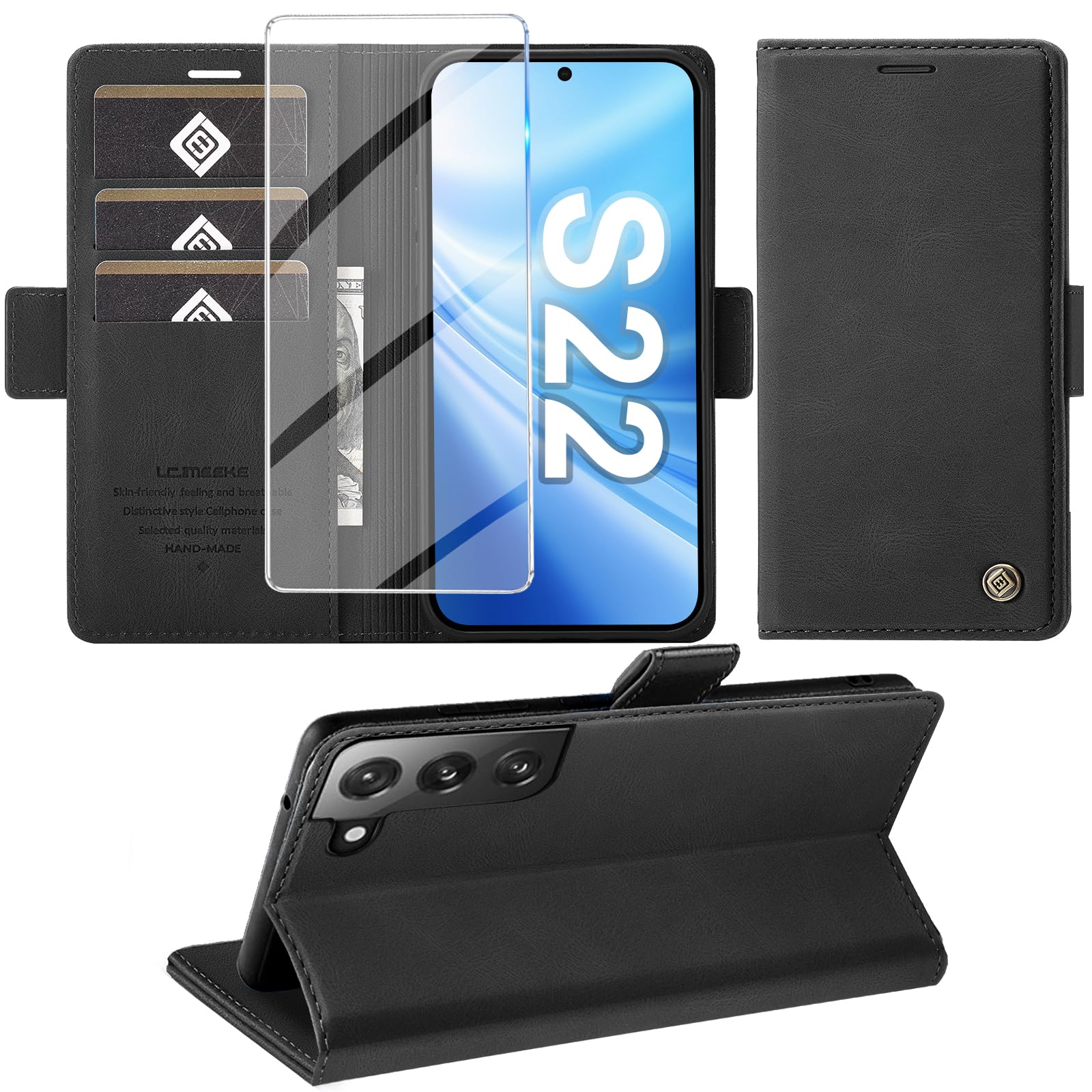 Giyer Handyhülle für Samsung Galaxy S22 5G Hülle mit Schutzfolie, Schutzhülle Standfunktion Kartenfach Wallet Premium Leder Flip Case Cover Stoßfeste Klapphülle Galaxy S22 5G 6,1 Zoll