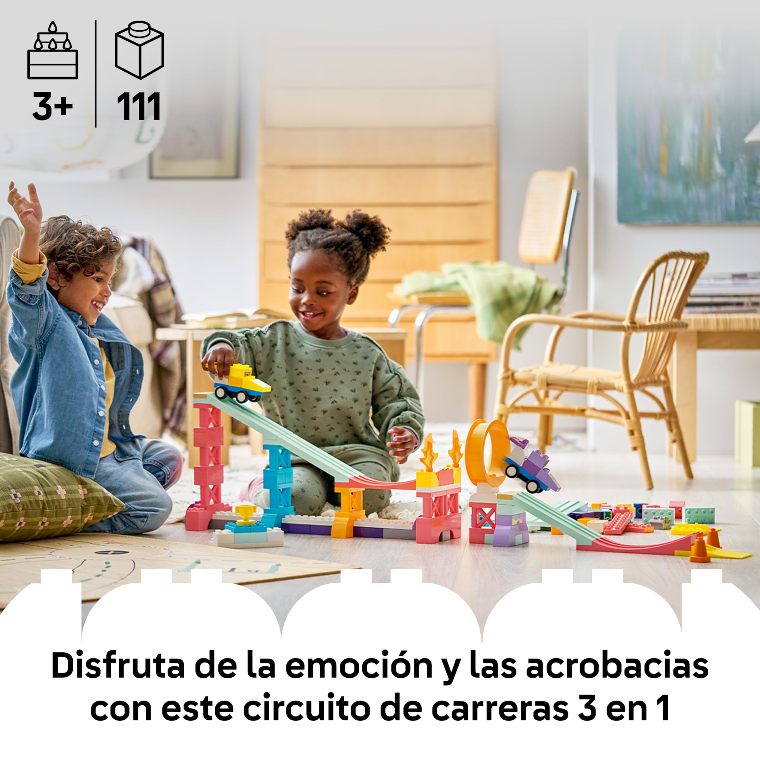 LEGO Duplo Rampas Creativas “3 en 1” con Vehículos – Juego Educativo de Clasificar Colores - Juguete Montessori con 2 Coches de Carreras - Regalo para Niños y Niñas de 3+ Años - 10478