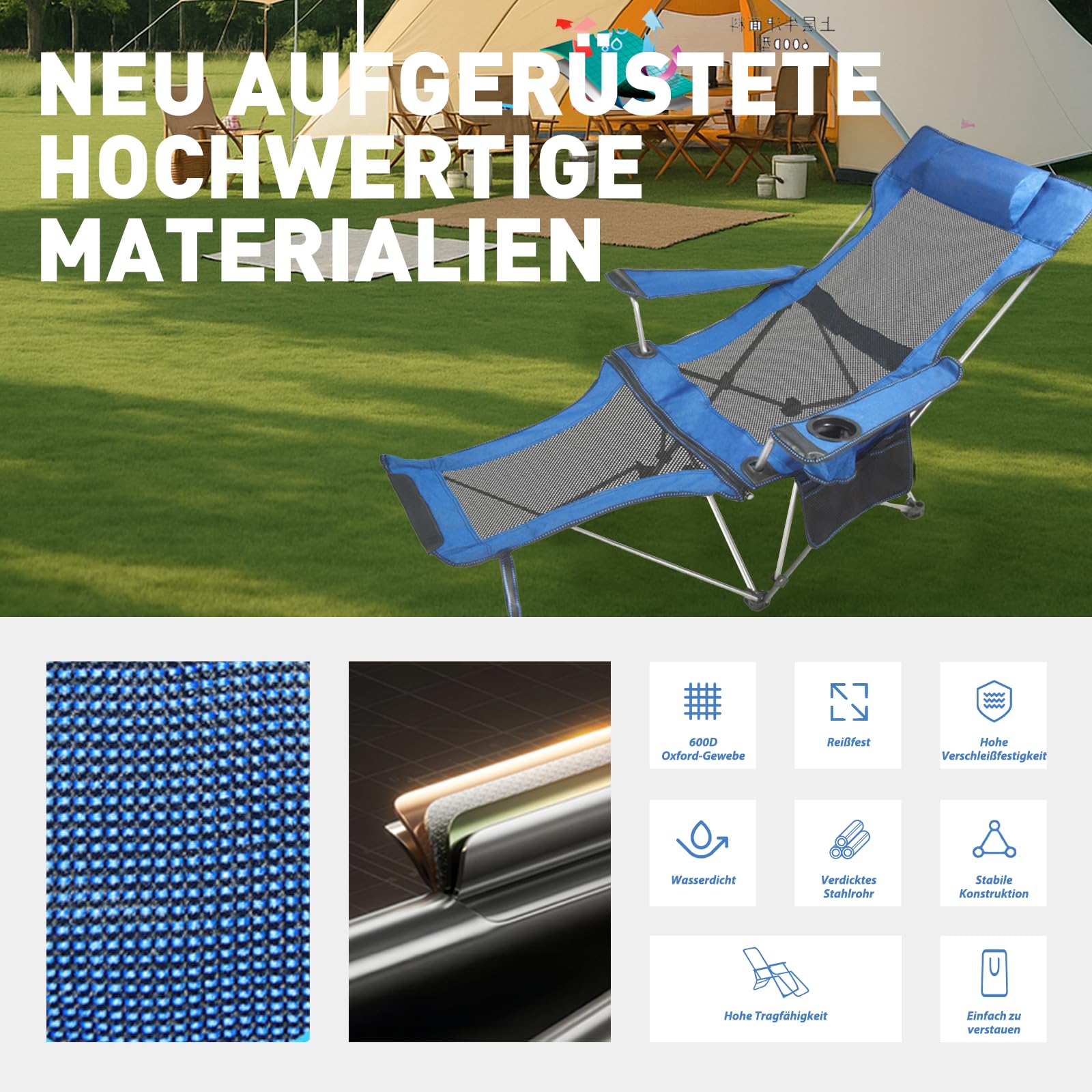 Chaise de Camping Pliante avec Repose-Pieds, Porte-gobelet, Chaise Longue d'extérieur réglable avec Tissu en Maille, Bleu
