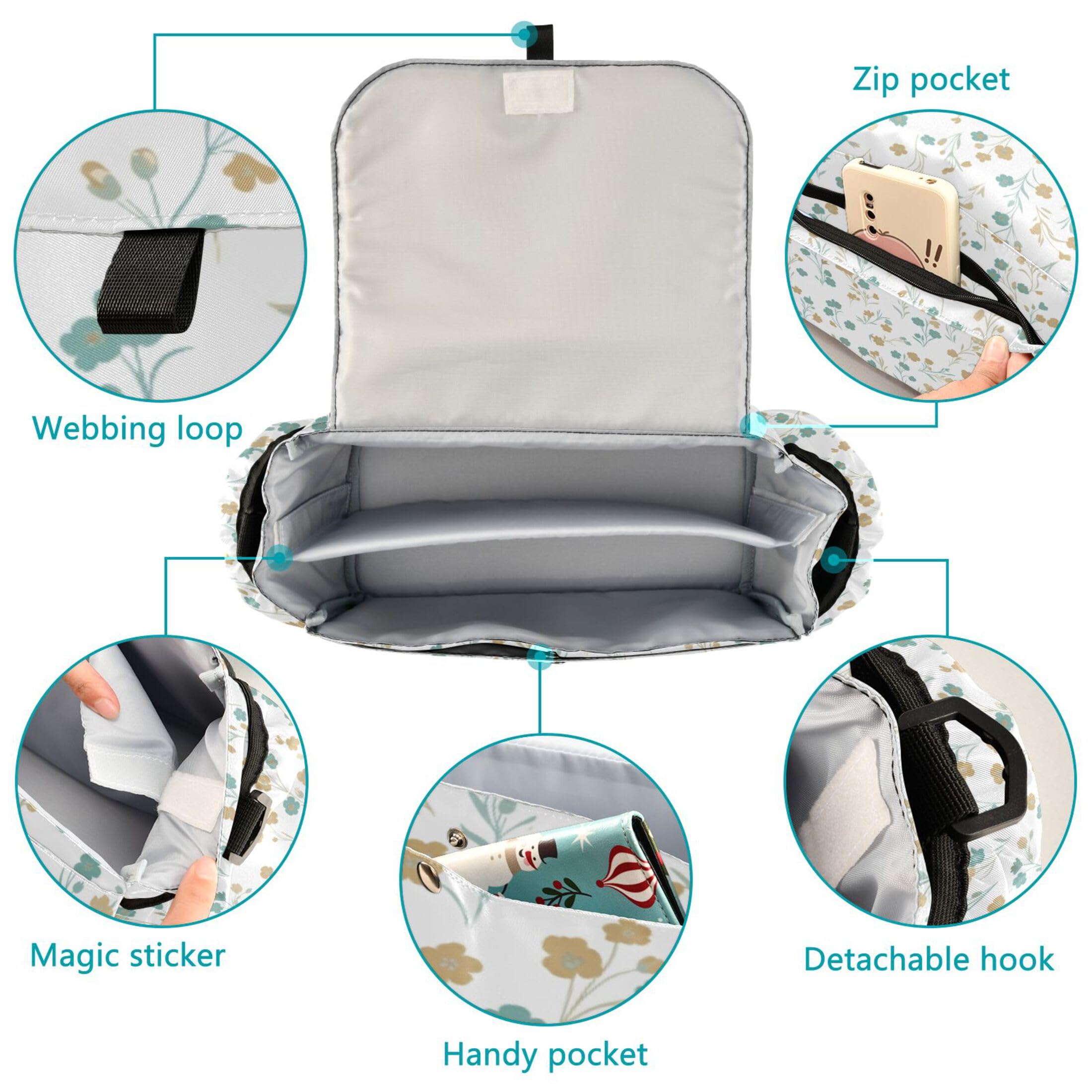 Burbuja Simple Flowers Stroller Organizer with Insulated Cup Holders, Non-Slip Stroller Caddy Universal Fits Most Strollers, Nursery Accessories