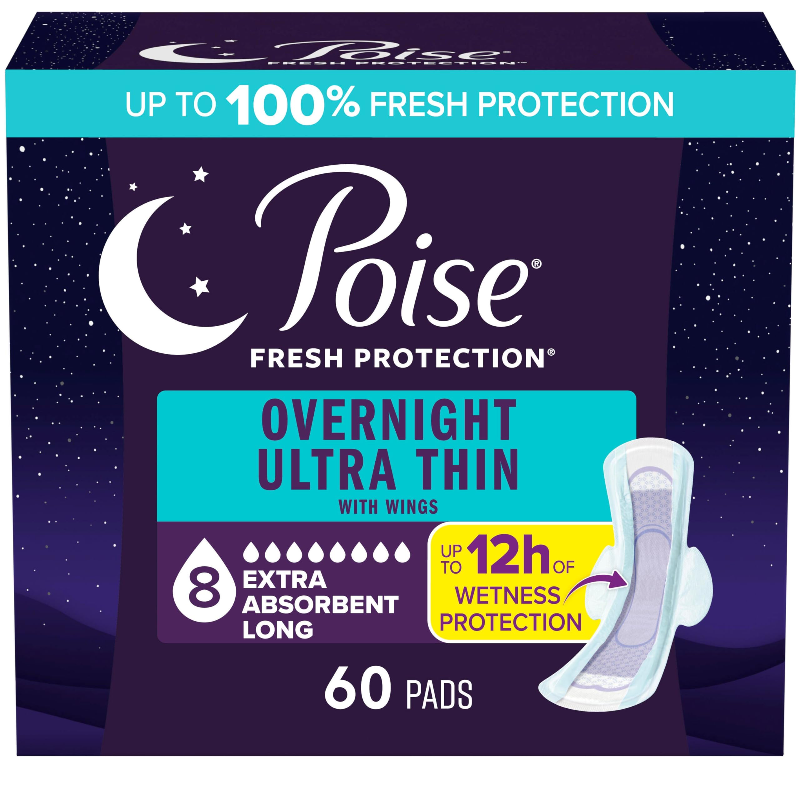 Poise Overnight Ultra Thin Incontinence & Postpartum Pads with Wings for Bladder Leaks, 8 Drop Extra Absorbent, Long Length, 60 Count (3 Packs of 20)