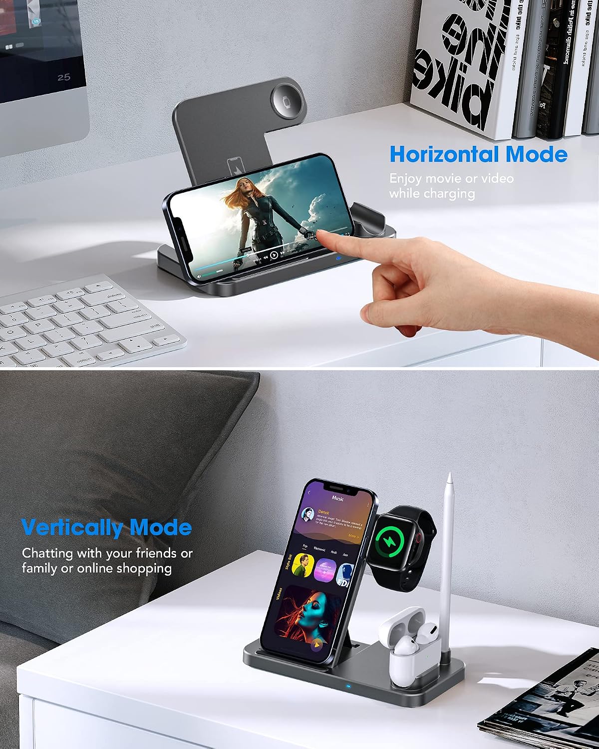 4 in 1 Wireless Charging Station for Apple Products, Fast Wireless Charger Charging Stand Compatible with Apple Watch SE 6 5 4 3 2, AirPods Pro, Pencil and iPhone 12, 11, 11 Pro max, Xr Xs max