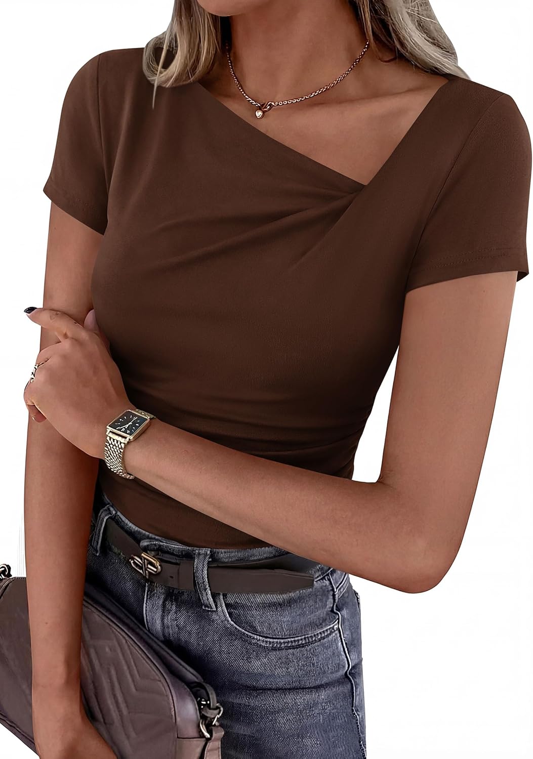 PRETTYGARDEN Women's 2026 Summer Asymmetrical Y2K Tops Trendy Ribbed Short Sleeve Fitted Tee Shirts Spring Fashion Clothing