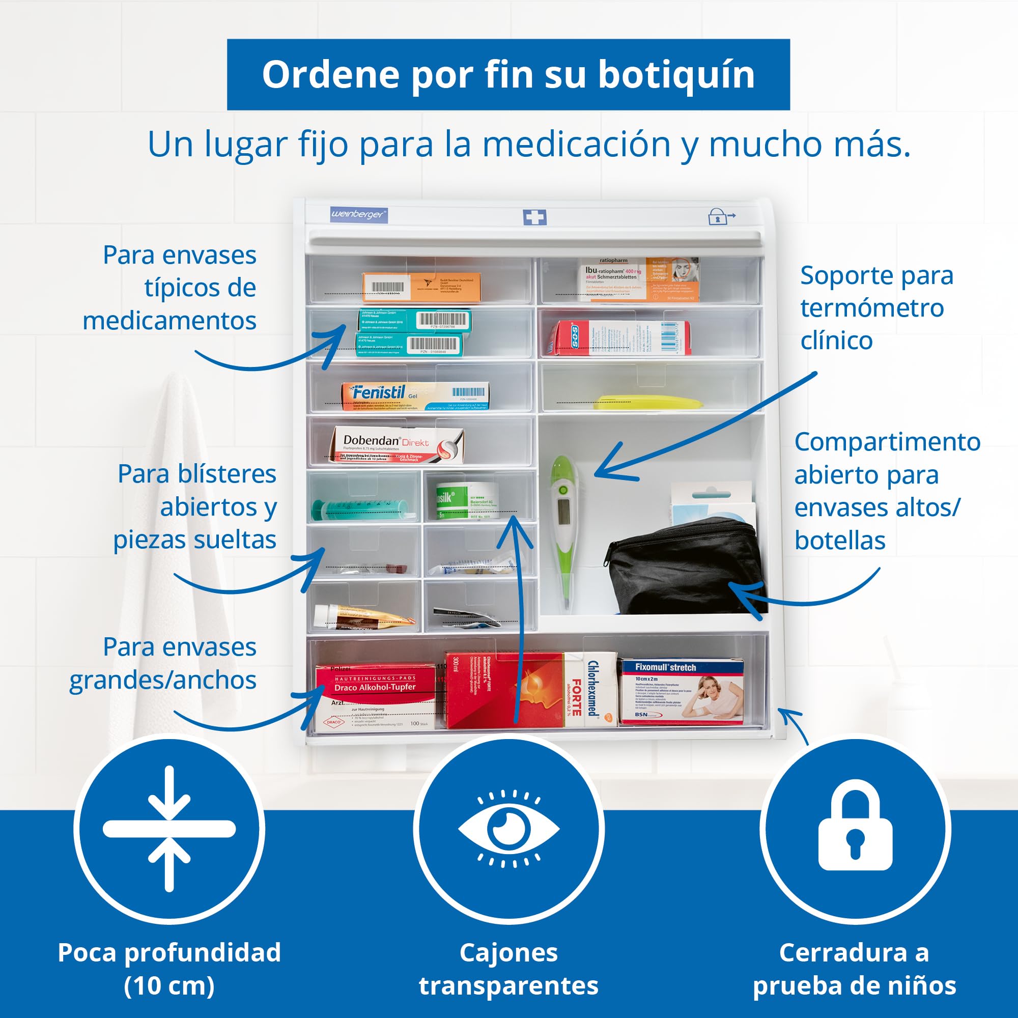 WEINBERGER Jalousie Medizinschrank mit Kindersicherung für Hausapotheke mit 14 Schubfächern, Kunststoff Weiss, Medikamentenschrank, Arzneischrank, 48 x 42 x 10 cm HxBxT, Modell: 06806