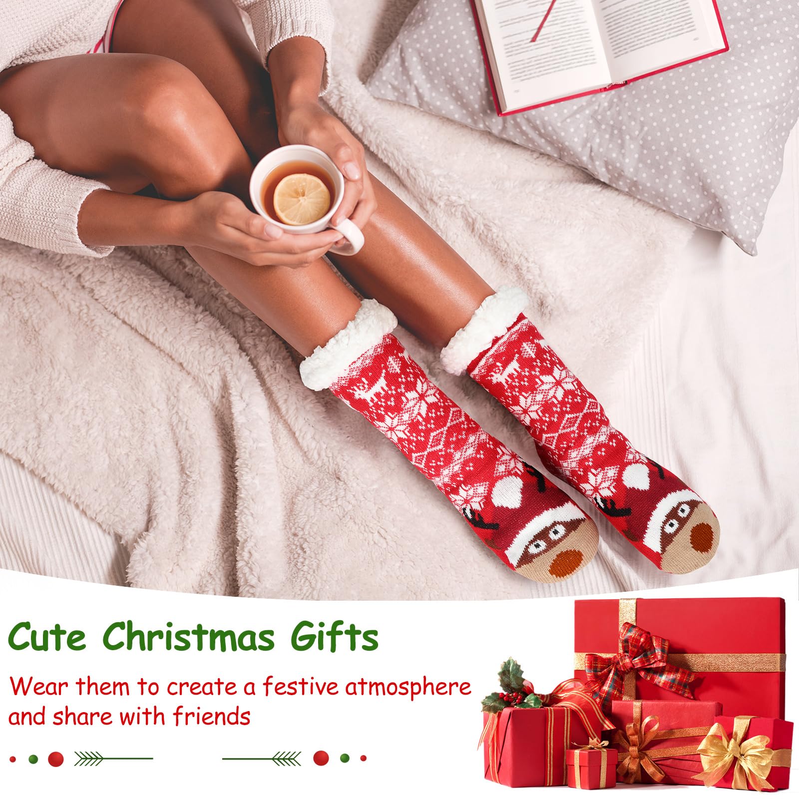 Ramede 12 Paar flauschige Weihnachtssocken, Bulk, rutschfeste Hausschuhsocken für Damen, Winter, warm, gemütlich, mit Fleece gefüttert, dicke Socken für Weihnachtsgeschenke, Urlaubsbedarf, Leuchtende