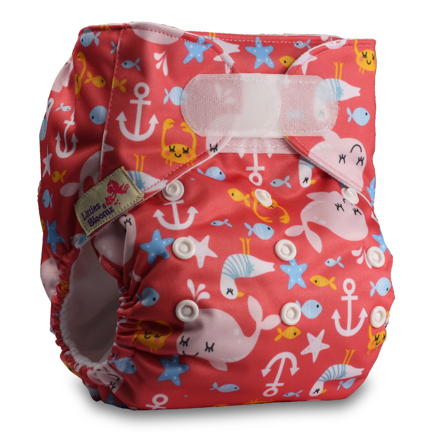 Littles & Bloomz, Reusable Pocket Cloth Nappy, Fastener: Hook-Loop, Set of 1, Pattern 52, with 2 Bamboo Charcoal Inserts