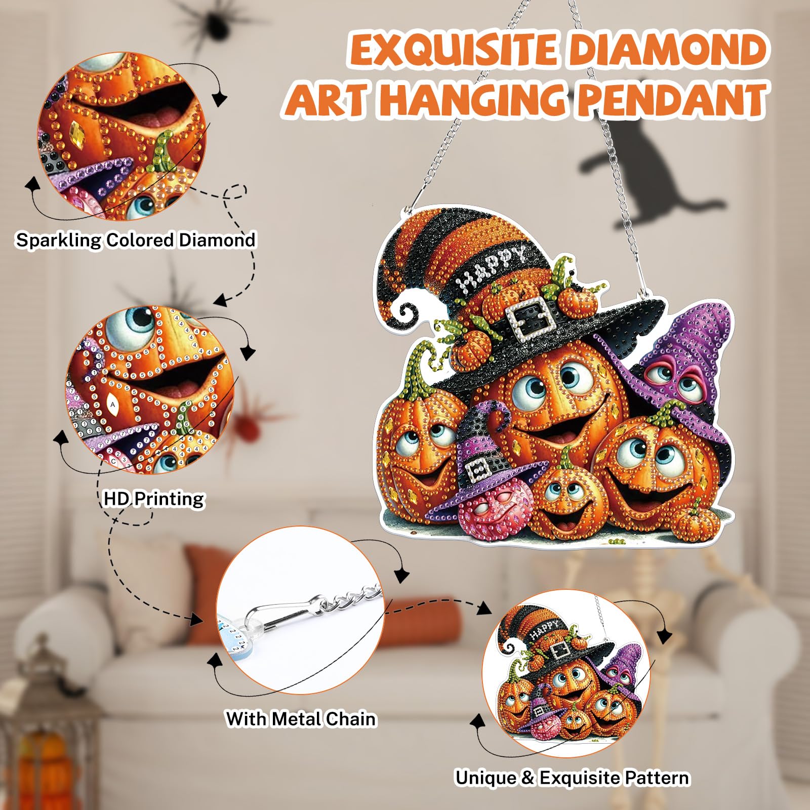 Lxmsja Halloween Diamond Art Hanging Ornaments with Chain for Adults Kids Special Shaped Pumpkin Diamond Painting Pendant Kits - Image 3