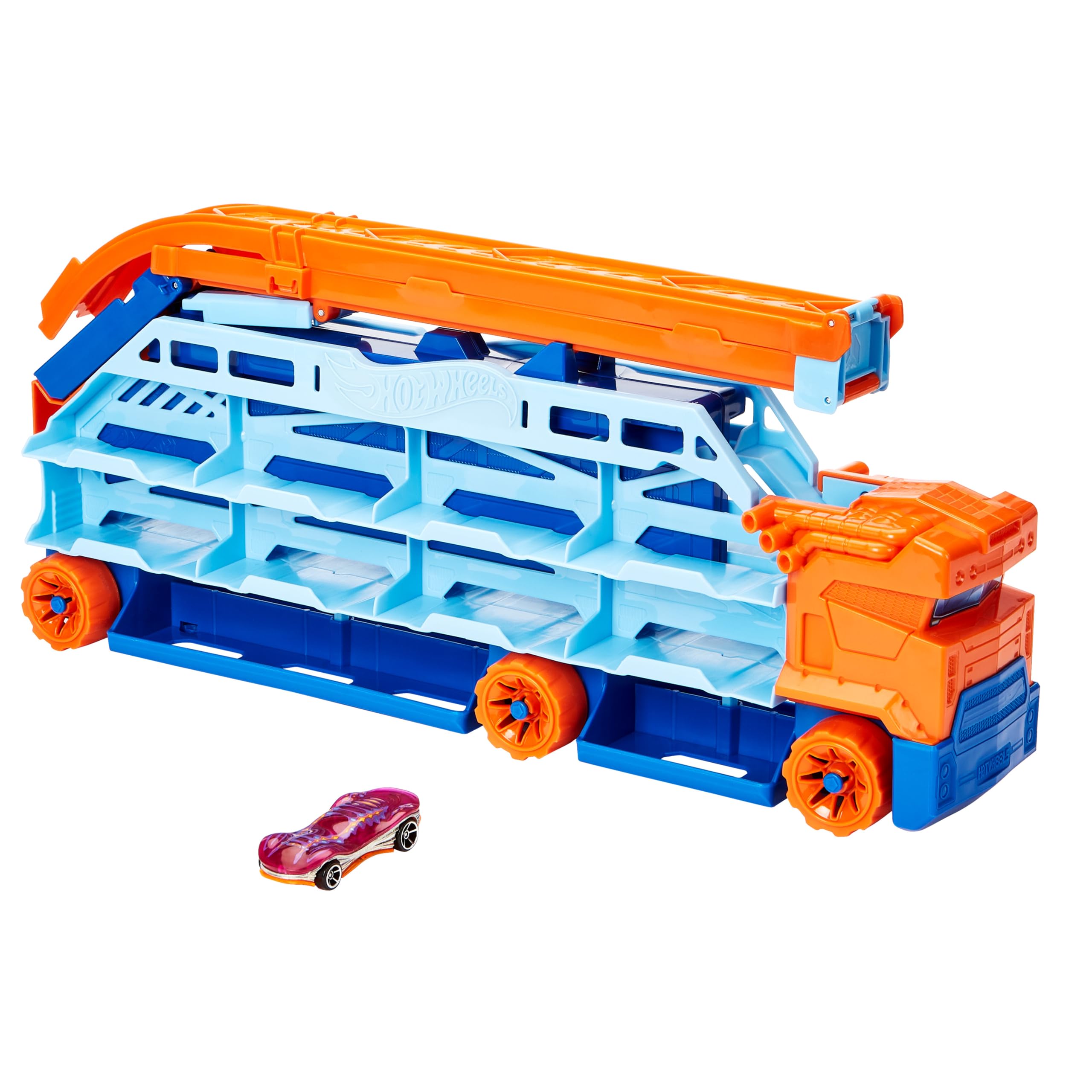 Hot Wheels - Autotrasportatore a Caduta Libera, con 1 macchinina, contiene più di 20 veicoli in scala 1:64, si trasforma in una pista con discesa da 60 cm, Giocattolo per Bambini 4+ Anni, HDY92
