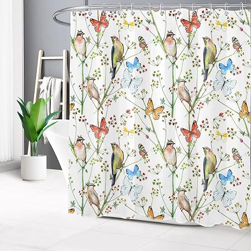 LB Cortina de ducha con diseño de mariposas y pájaros, acuarela floral sobre fondo blanco, cortina de ducha vintage con flores, decoración de baño
