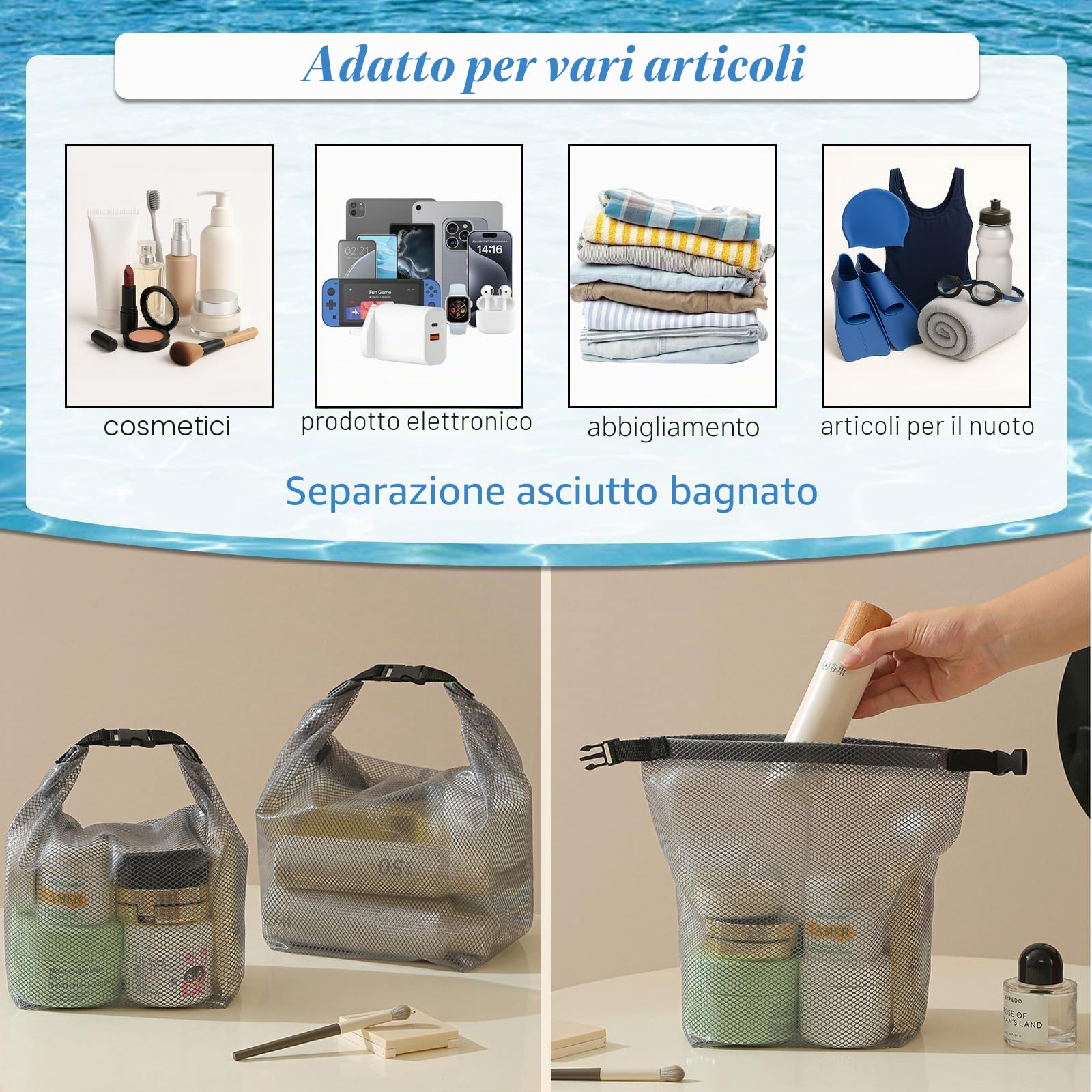 Borsa da Toilette Trasparente, Beauty Case da Viaggio Impermeabile, Pochette Cosmetica Portatile, Borsa Doccia in Rete con Manico per Campeggio, Nuoto, Palestra, Viaggio, Bagno