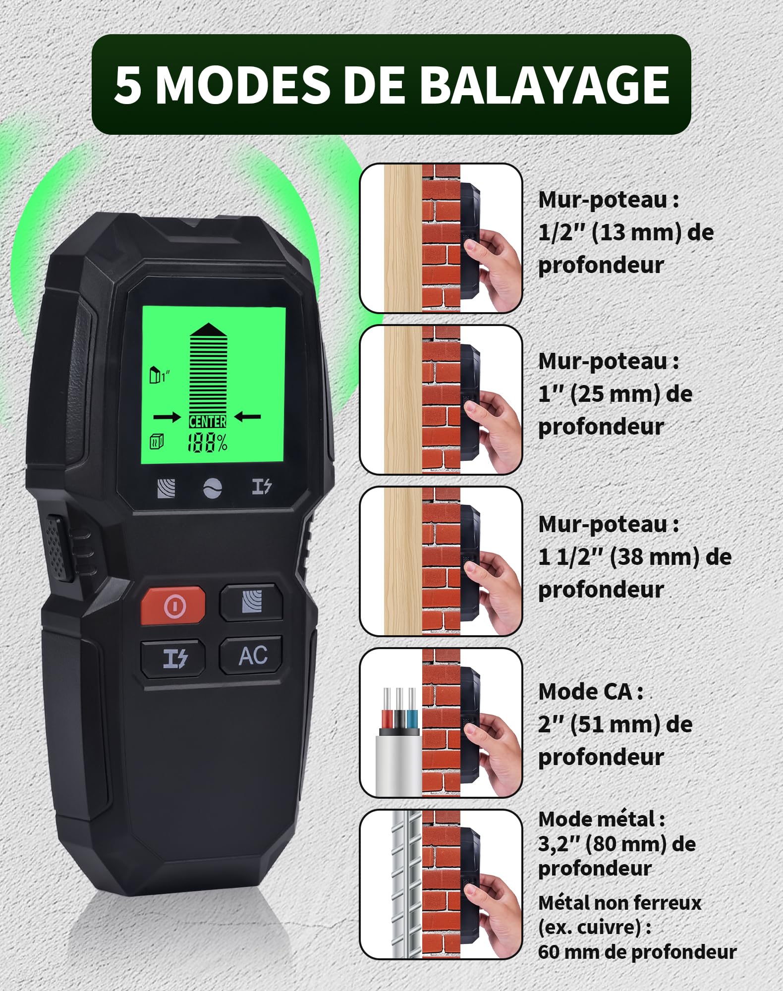 Détecteur Mural 5 en 1 – Scanner Multifonction avec Écran LCD & Alarme, Localise Métaux, Câbles Électriques, Poutres Bois, Tuyaux Métalliques