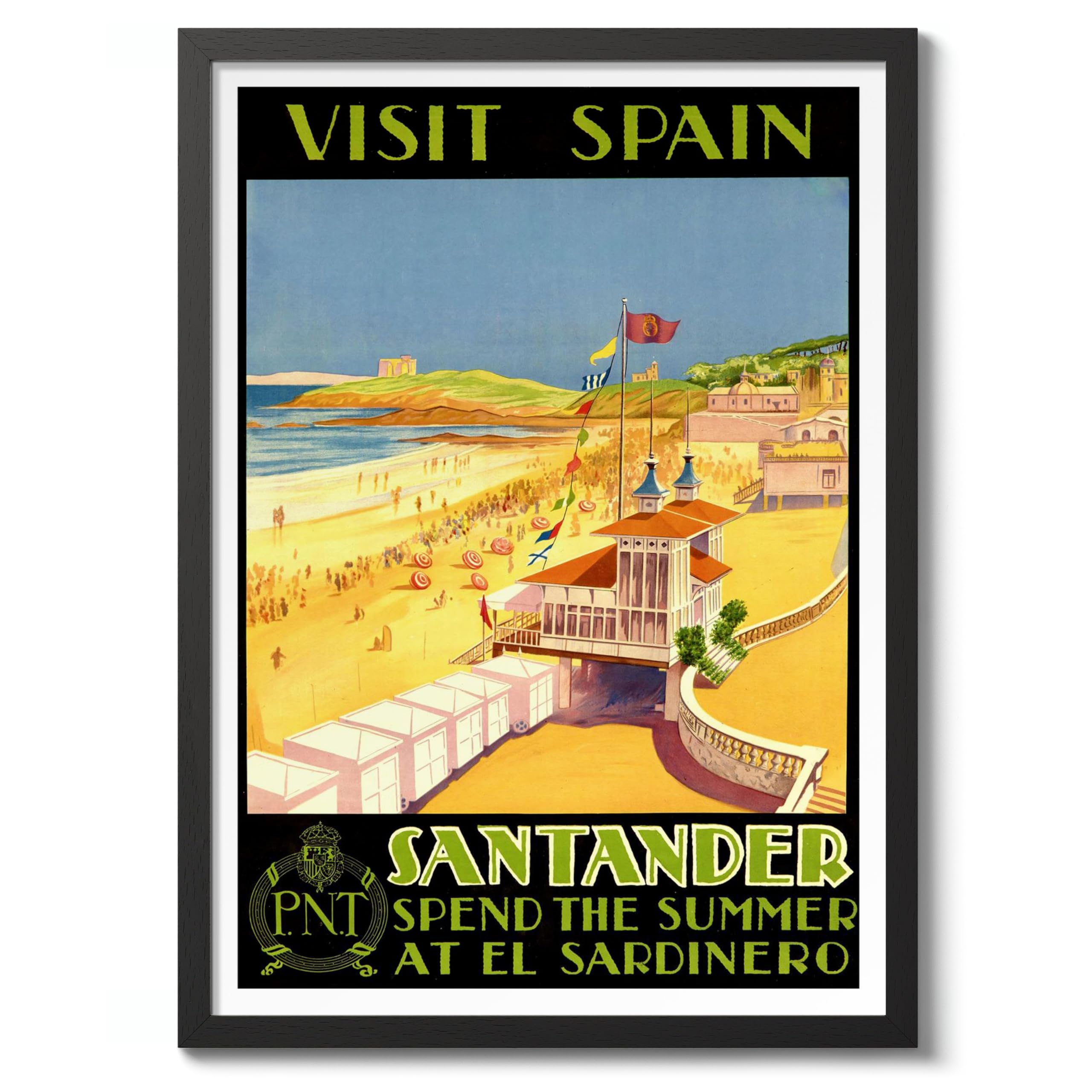 Visit Spain, Santander Vintage Spanish Travel Poster, Retro Spain Tourism Print, Decoration Wall Art Seville Landmark Bedroom Decor, A2 (Black Frame) - 62.5x45.1cm — image 1