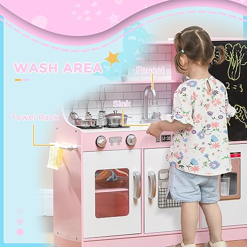 Miniatura 5 de Qaba Juego de cocina para niños, juego de cocina de juguete de simulación con teléfono de juego, pizarra, toallero, máquina de hielo, 5 accesorios,